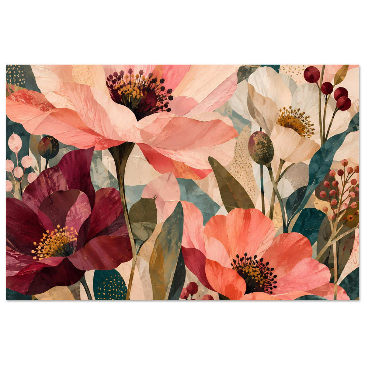 Blumenkunst-Poster im Querformat, abstrakte Blüten in Koralle, Burgund und Creme mit grünen Stielen