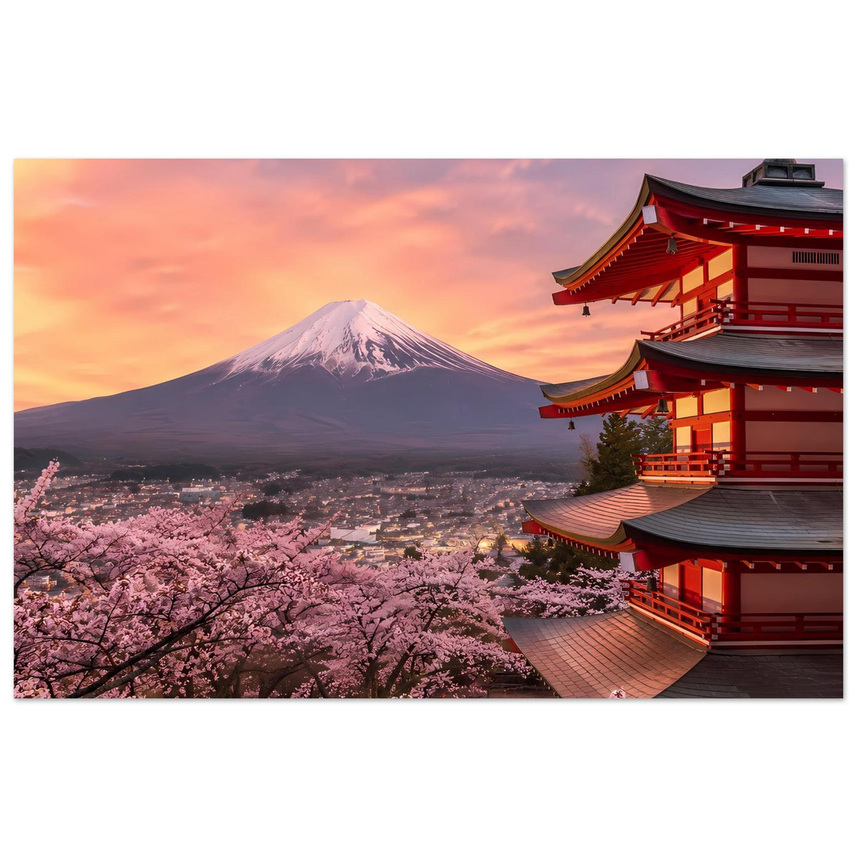 Poster mit Fuji, pinken Kirschblüten und rotem Pagodendach rechts, klarer Bildfokus
