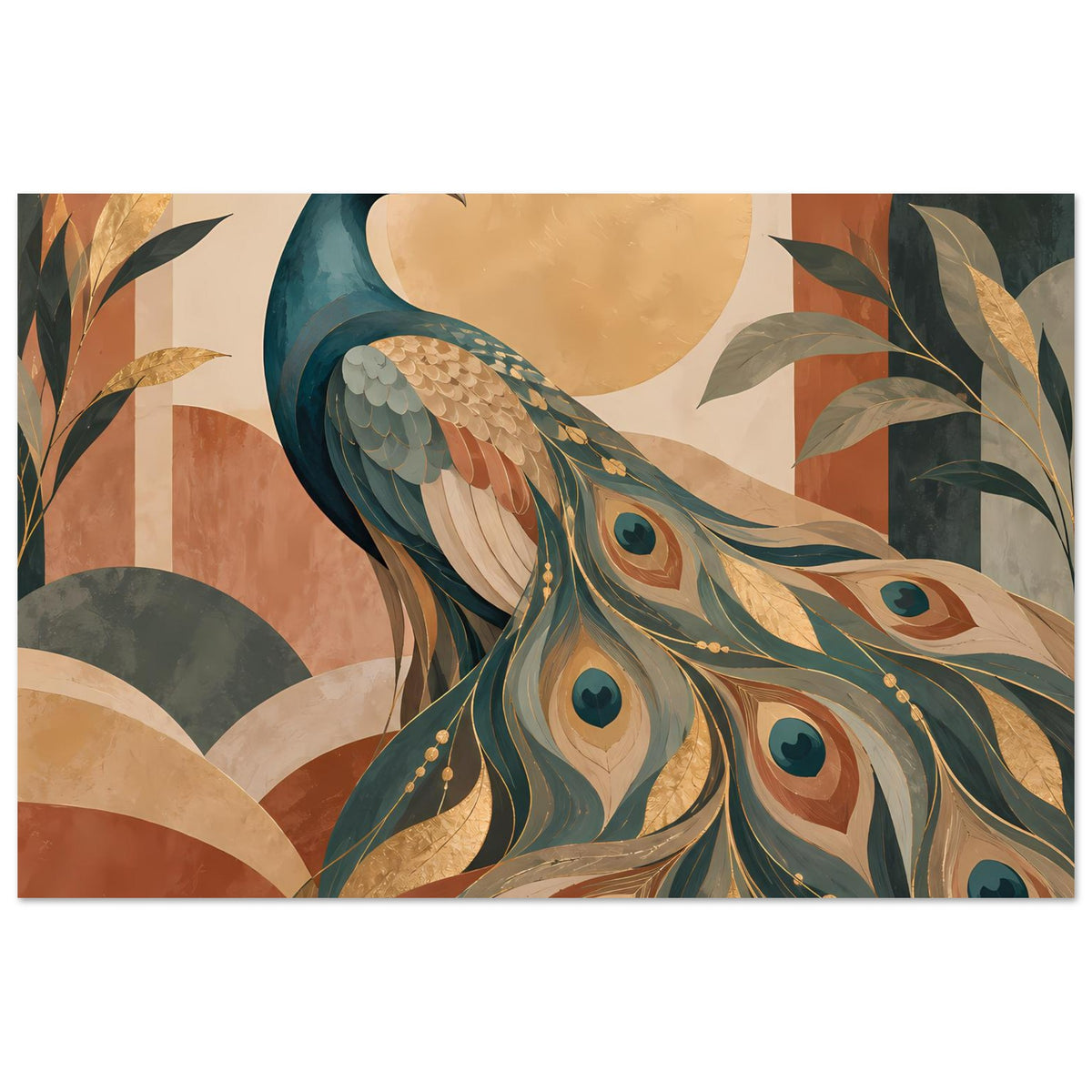 Querformat-Pfauenposter mit Pfauenschwanz in Blau, Beige und goldenen Details