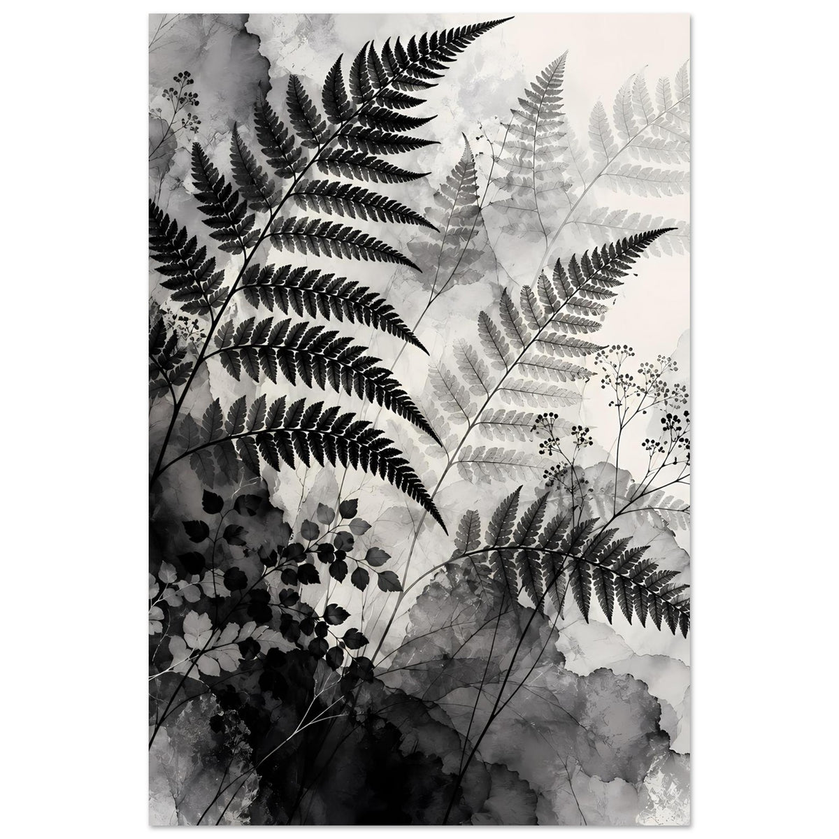 Botanisches Kunstposter mit Farnwedeln und feinen Blütenstielen, Schwarzweiß