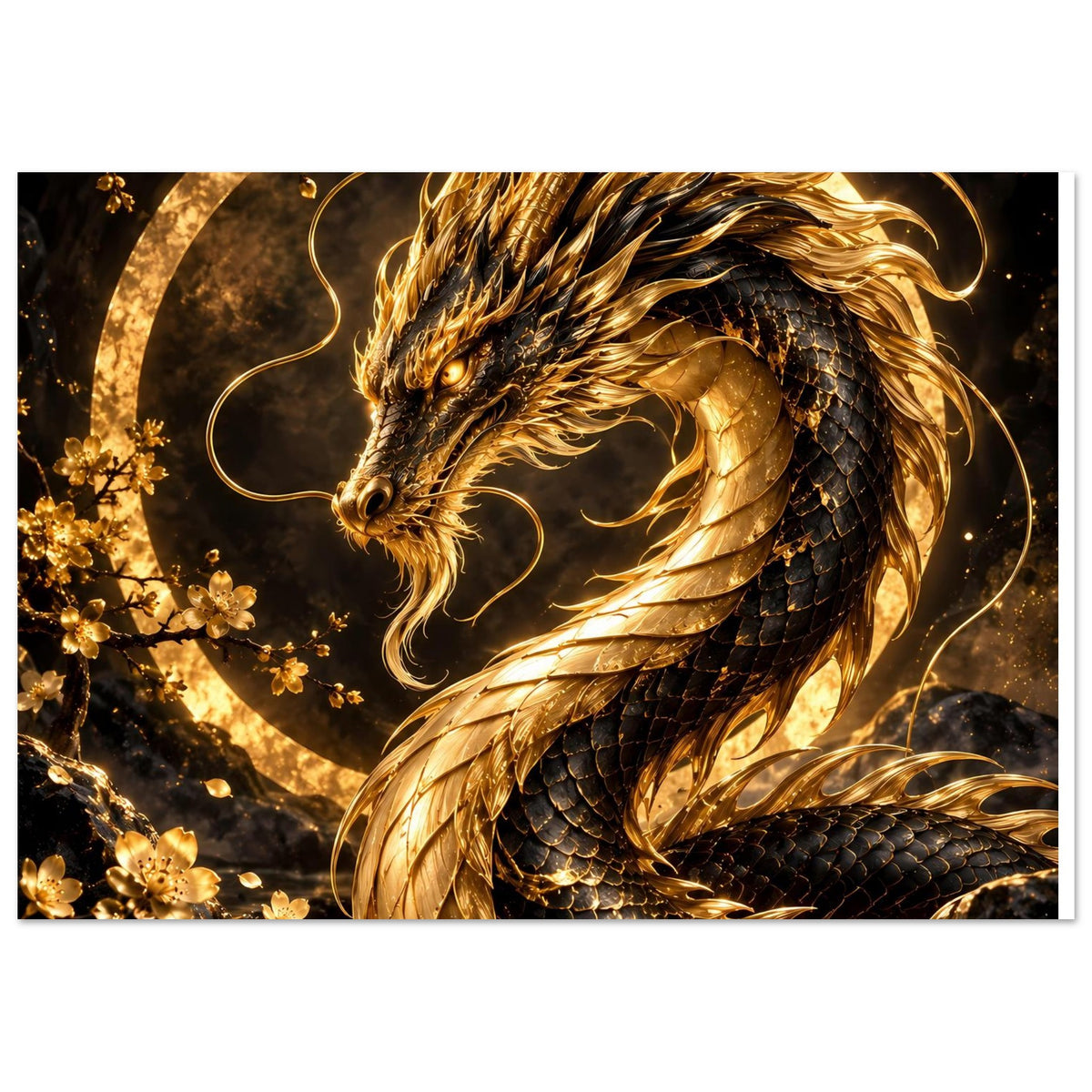 Poster mit goldenem Drachen, Flügel-/Mähnenfäden und Blütenkreis-Dekor