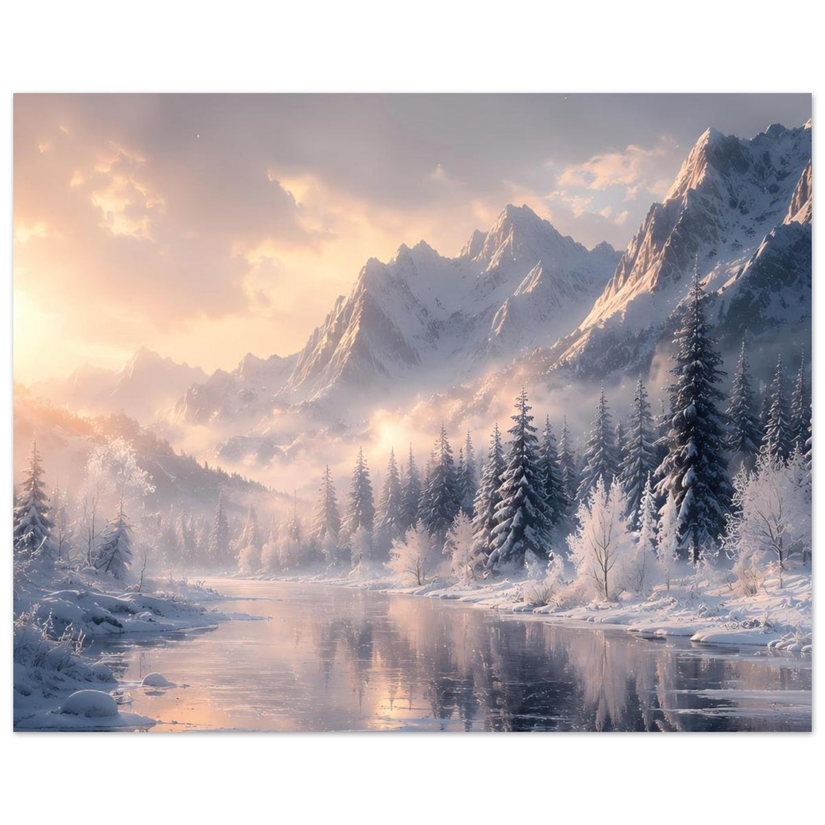 Winterlandschaftsposter mit Bergmassiv, Fichten und winterlicher Uferlandschaft.