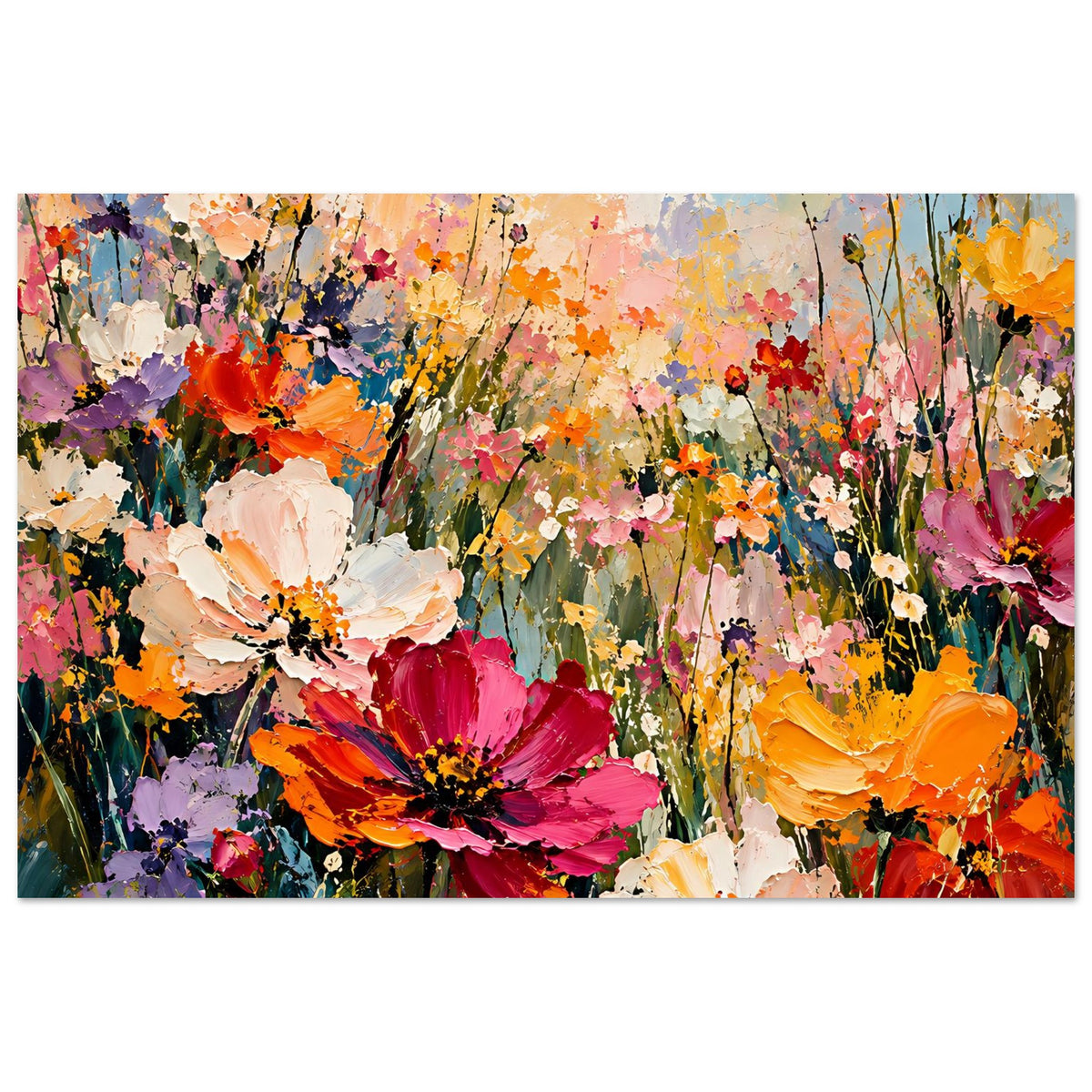 Blumenposter mit bunten Blüten im Querformat, starke Kontraste in Pink, Orange und Lila