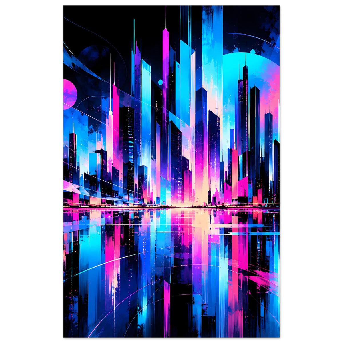 Neon-Stadtbild-Poster (Hochformat) mit hohen Gebäuden, Neonlicht in Blau und Pink