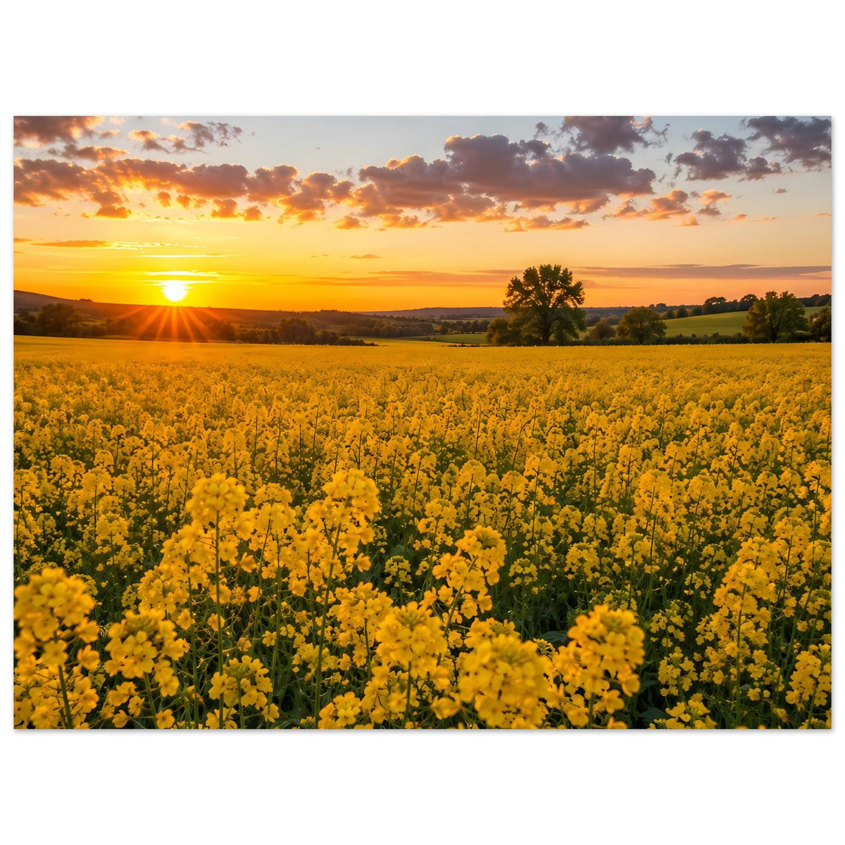 Landschaftsposter mit gelben Blüten, Sonnenuntergang und weitem Feld mit Baumreihe