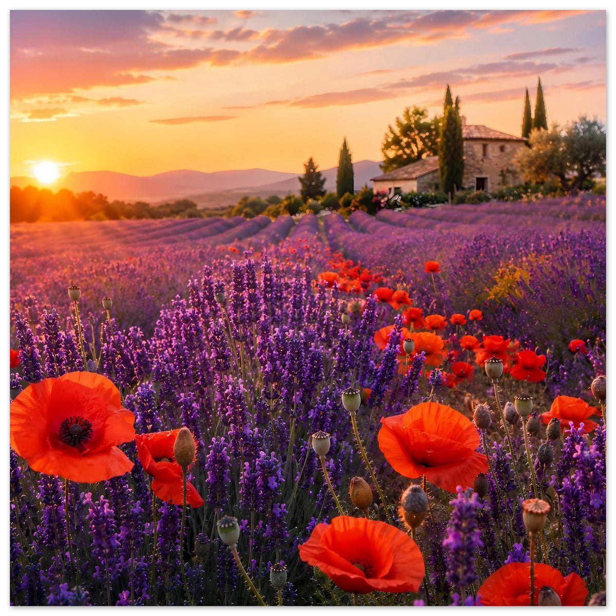 Poster: Lavendelfeld mit roten Mohnblüten und orangefarbenen Akzenten, Sonnenuntergang über Hügeln
