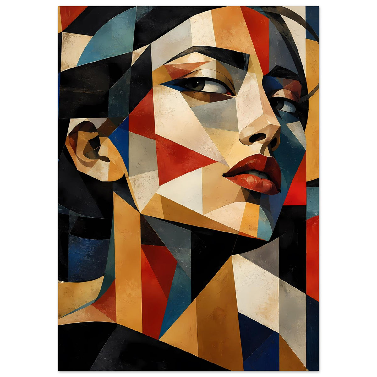 Geometrisches Porträtposter mit abstraktem Blick und geometrischen Formen in warmen Farben