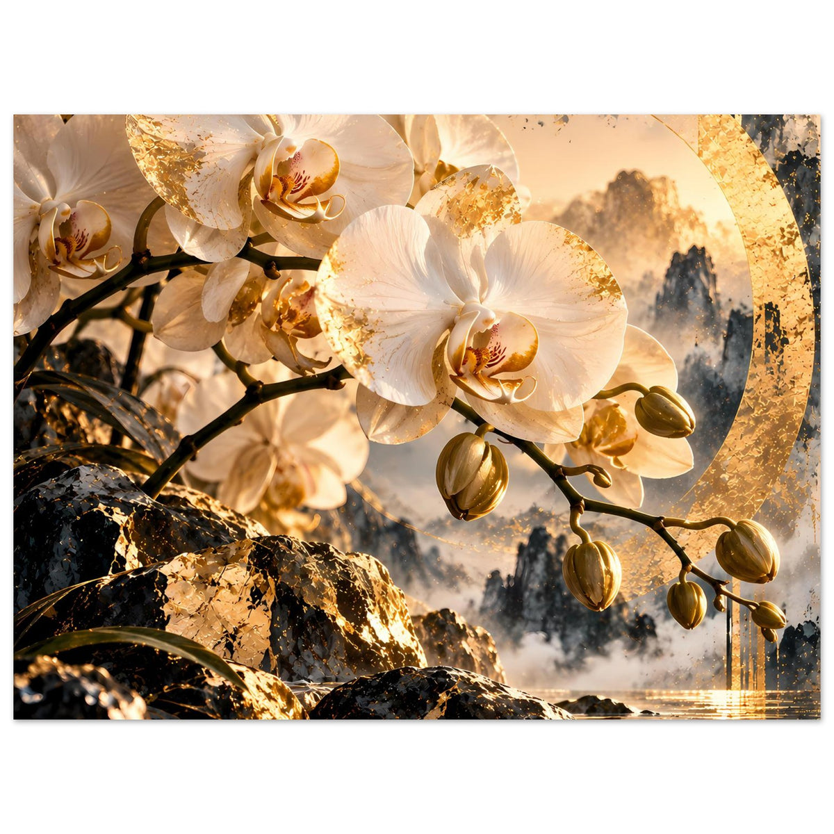 Breites Orchideenposter: weiße Blüten, goldener Kreis, schwarzer Ast und Felsstrand