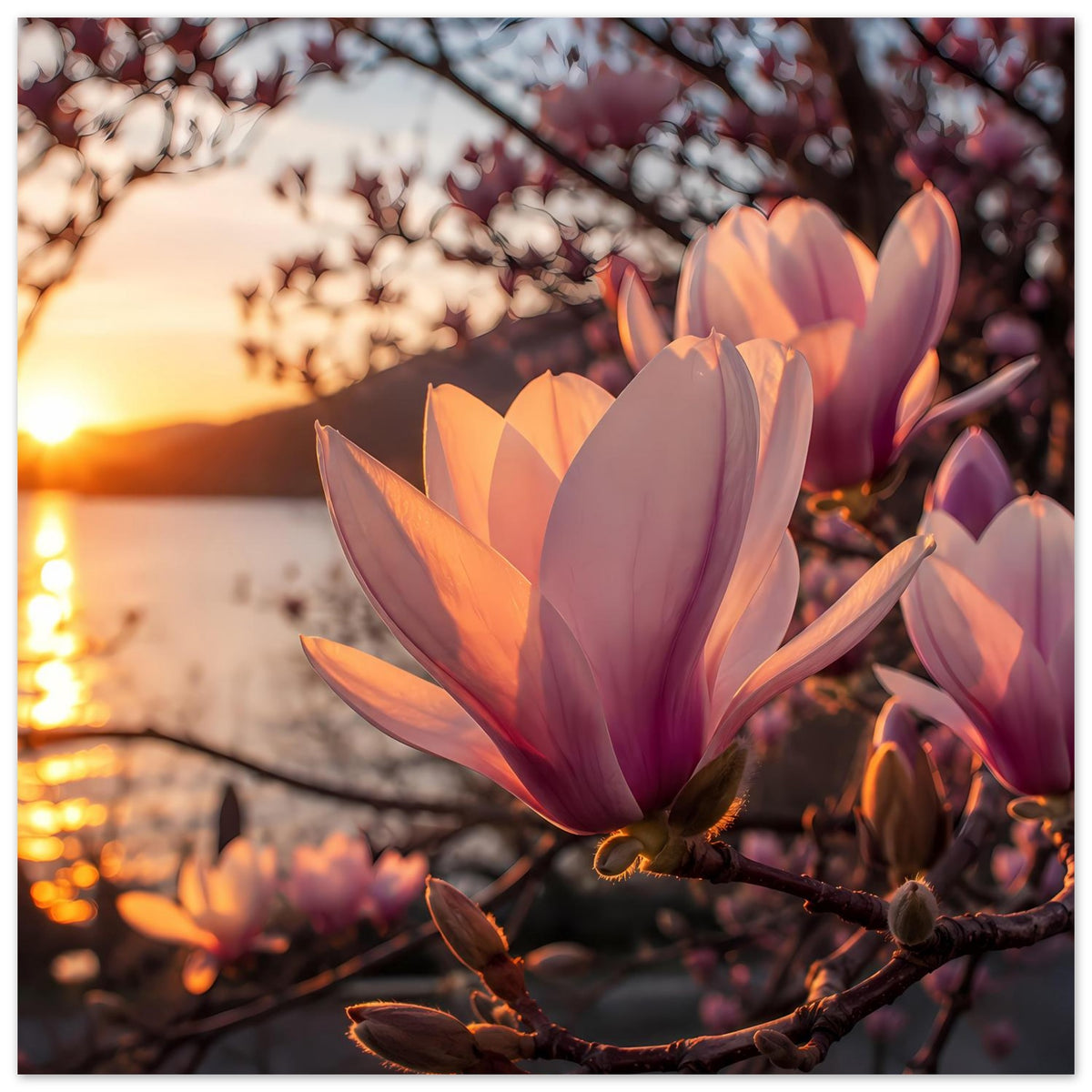 Blumenposter mit Magnolienblüten in Rosa und Violett, warm beleuchtet am Ast