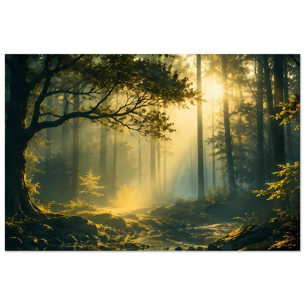 Horizontales Poster: Waldlandschaft mit Sonnenstrahlen, Steinen am Bach und Lichtreflexen