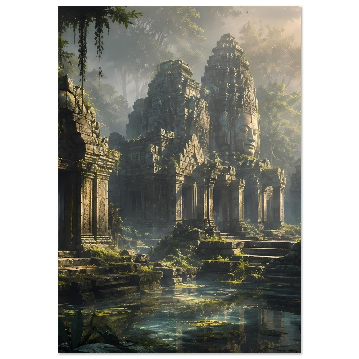 Vertikales Poster: Tempelruinen mit hohen Steinsäulen, Nebel und Licht in einem Dschungel