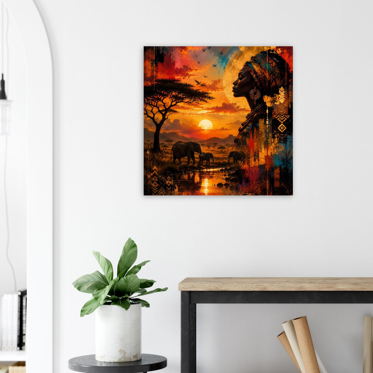 Quadratisches Poster mit Profil einer afrikanischen Frau, Elefanten in der Savanne und Sonne