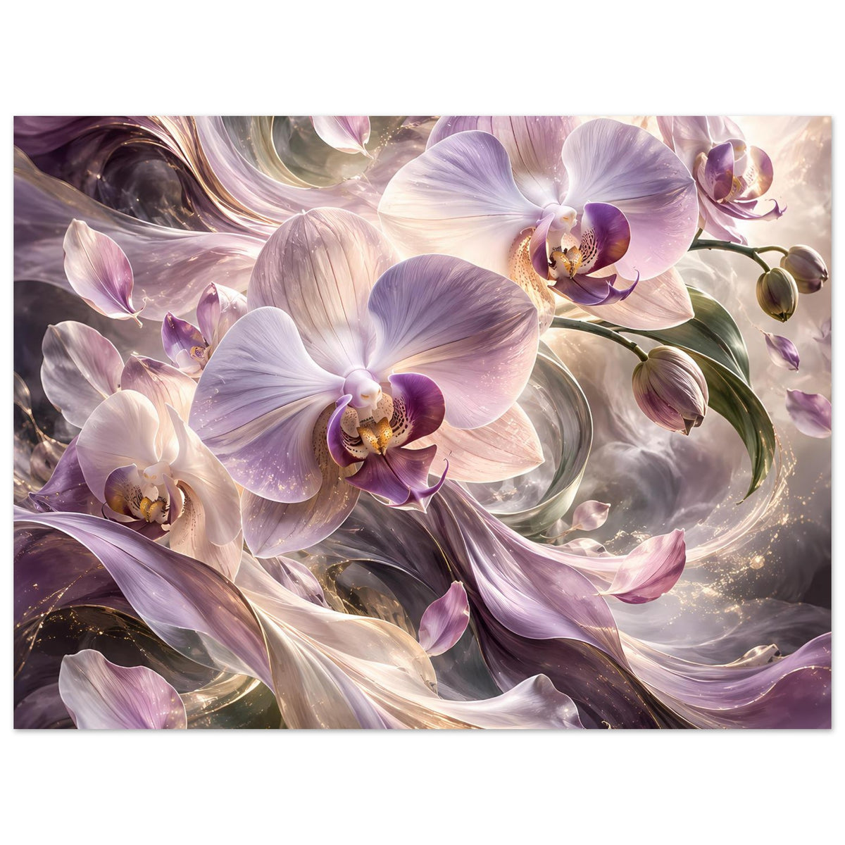 Blumenposter mit violetten Orchideenblüten und cremefarbenen Highlights, mehrere Blüten im Vordergrund.