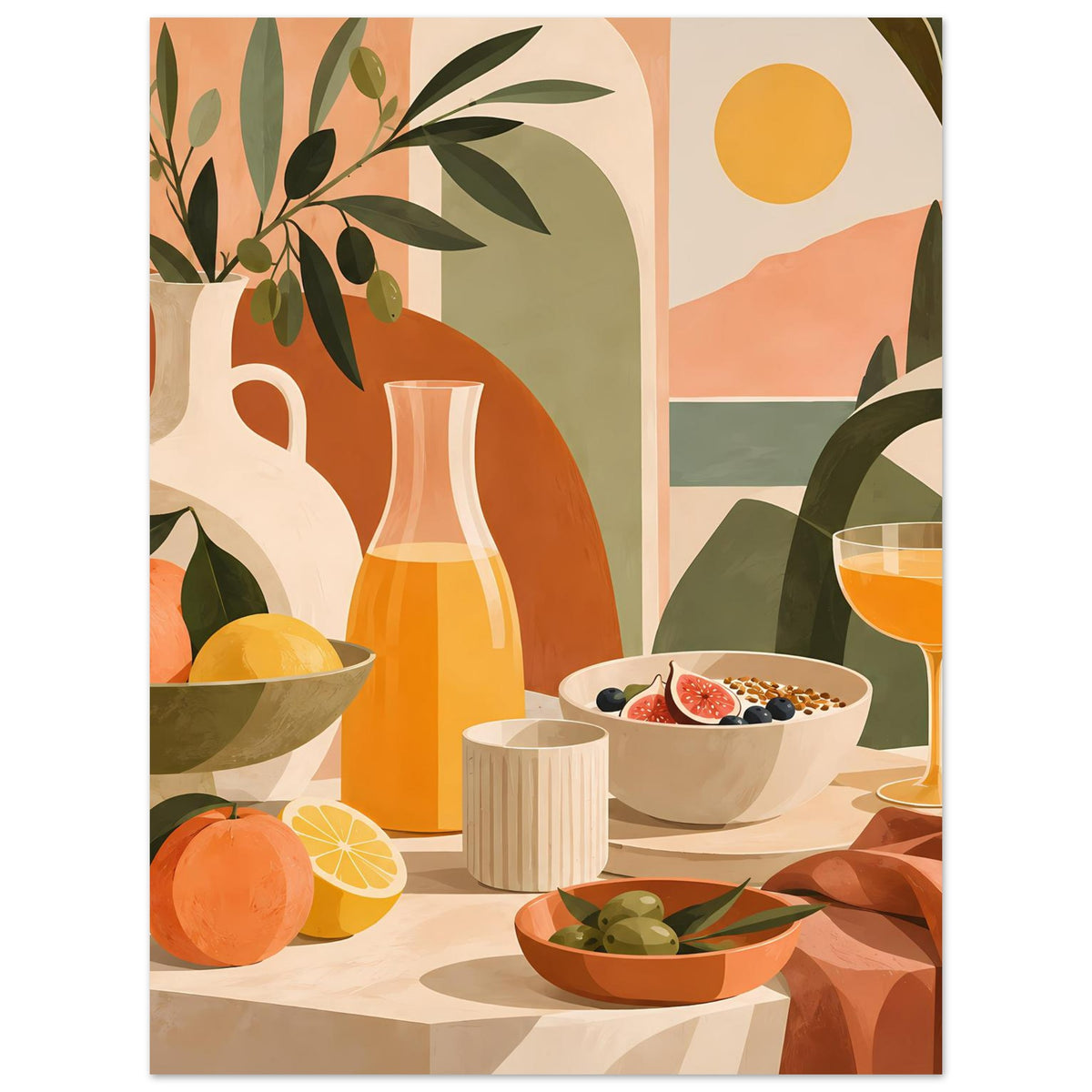 Küchen-Poster mit Stillleben: Krug, weiße Tasse, Obstschale, Weinglas und Blätter