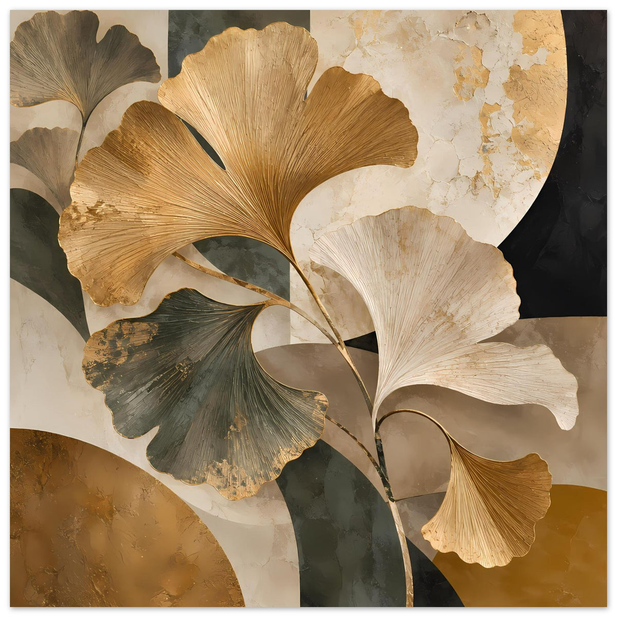 Botanisches Poster mit großen Ginkgo-Blättern in Gold, Beige und dunkelgrünem Blattmeer