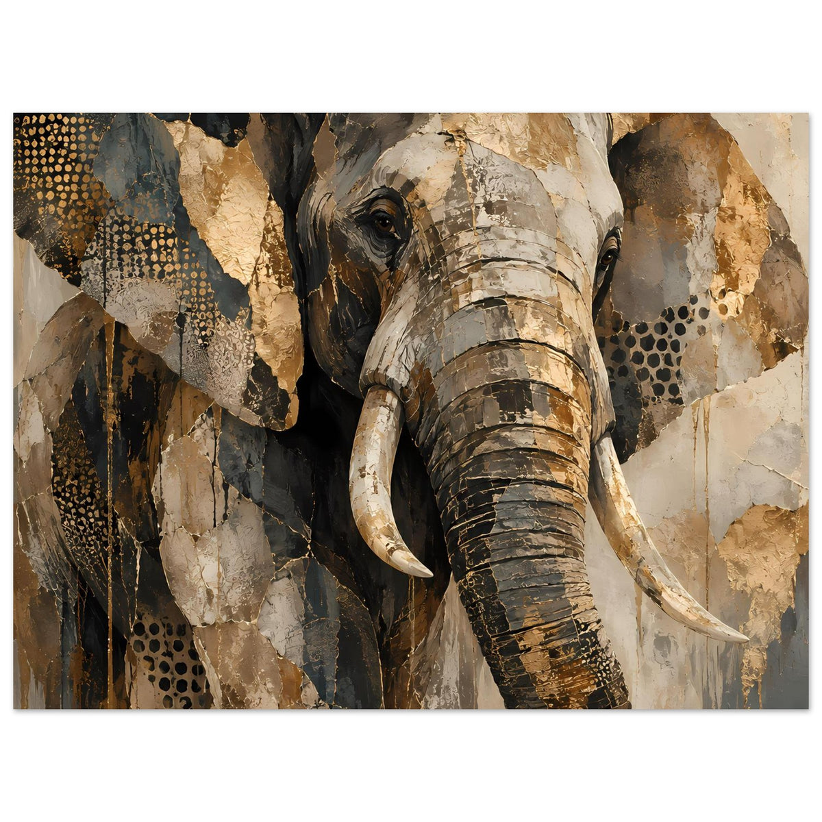 Elefantenkunstposter mit warmen Erdtönen, Elefant frontal, Rüssel und Augen klar sichtbar