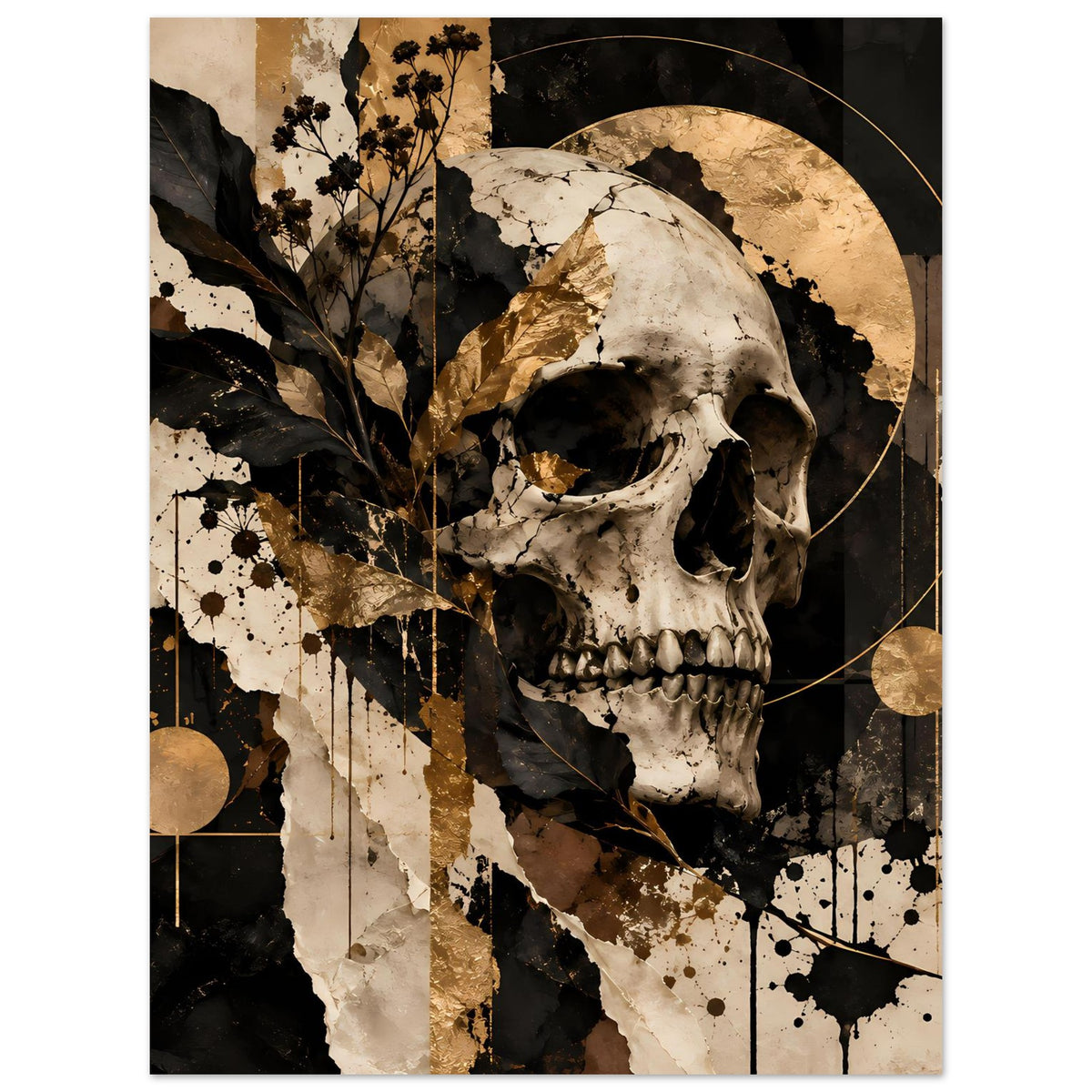 Kunstposter mit Totenschädel, schwarz-goldener Grafik und Kreisen, floralen Elementen