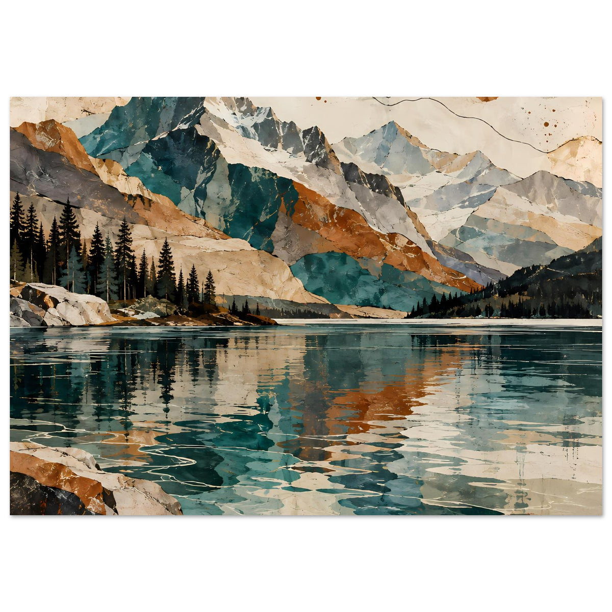 Poster im Querformat: Berglandschaft mit Seeufer, türkisgrünem Wasser und dunklem Tannenwald.