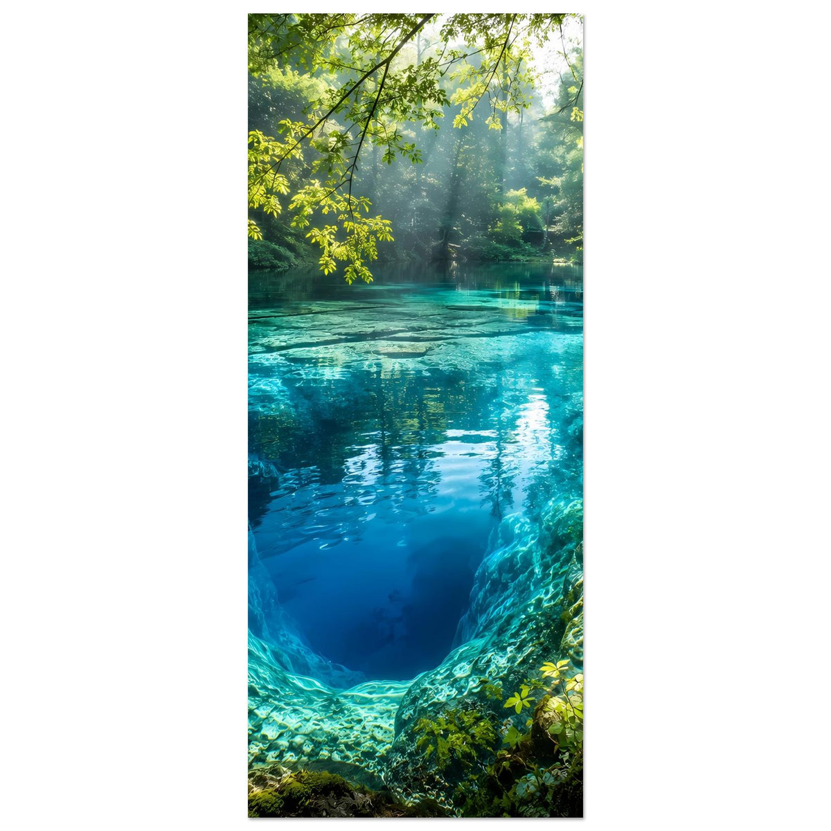 Vertikales Poster mit türkisblauem Waldsee, grünen Pflanzen am Ufer und lichtdurchzogenem Nebel