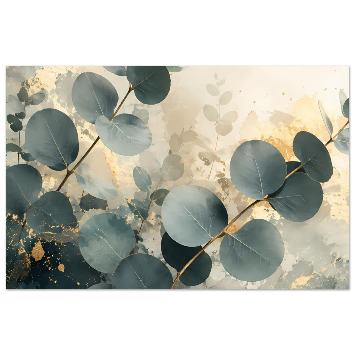 Elegantes Eukalyptus-Poster mit Goldakzenten, querformatig: Eukalyptusblätter in Blaugrün