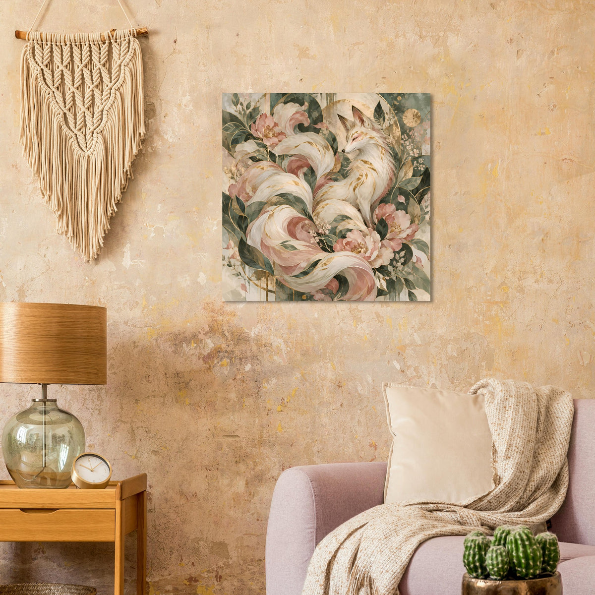 Poster mit mystischem Fuchsmotiv in Rosé-, Grün- und Goldtönen
