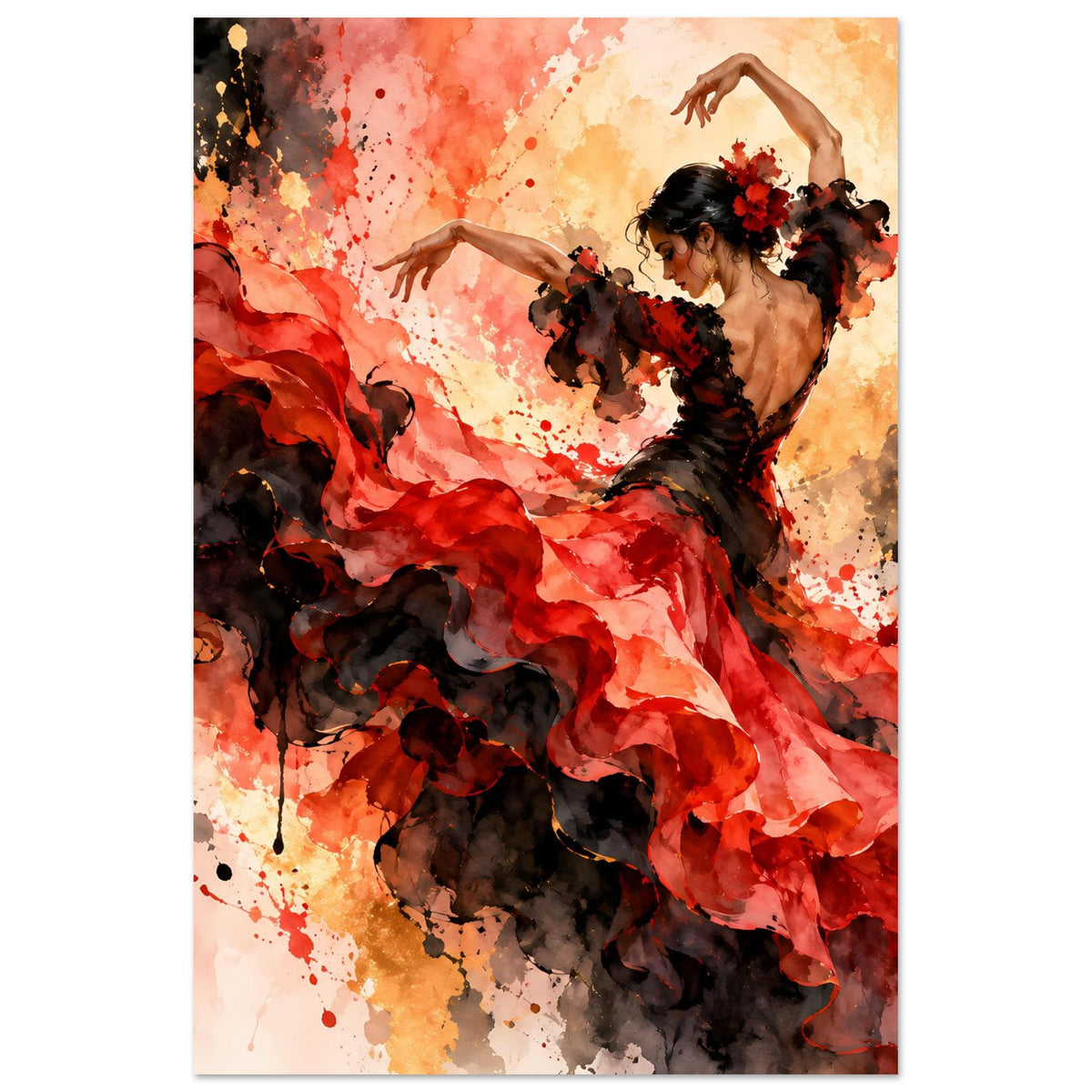 Flamenco-Tanzposter mit Tänzerin in Rot-Schwarz, Rock mit Rüschen, Arme hoch
