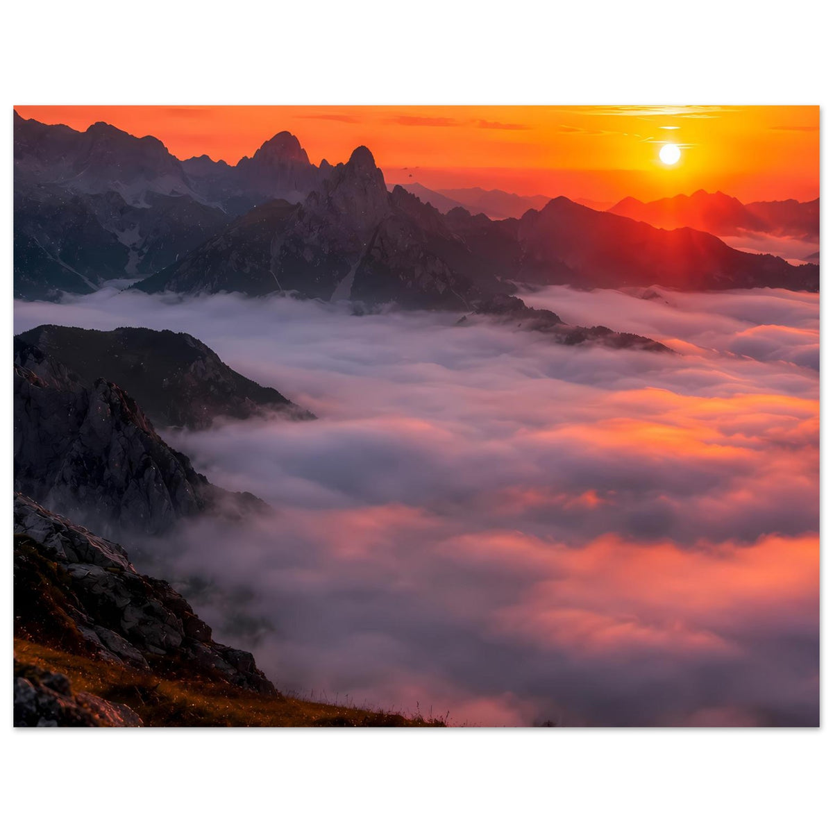 Berglandschafts-Poster mit Sonnenuntergang, warme Farben, Sonne und dichte Wolkenfalten