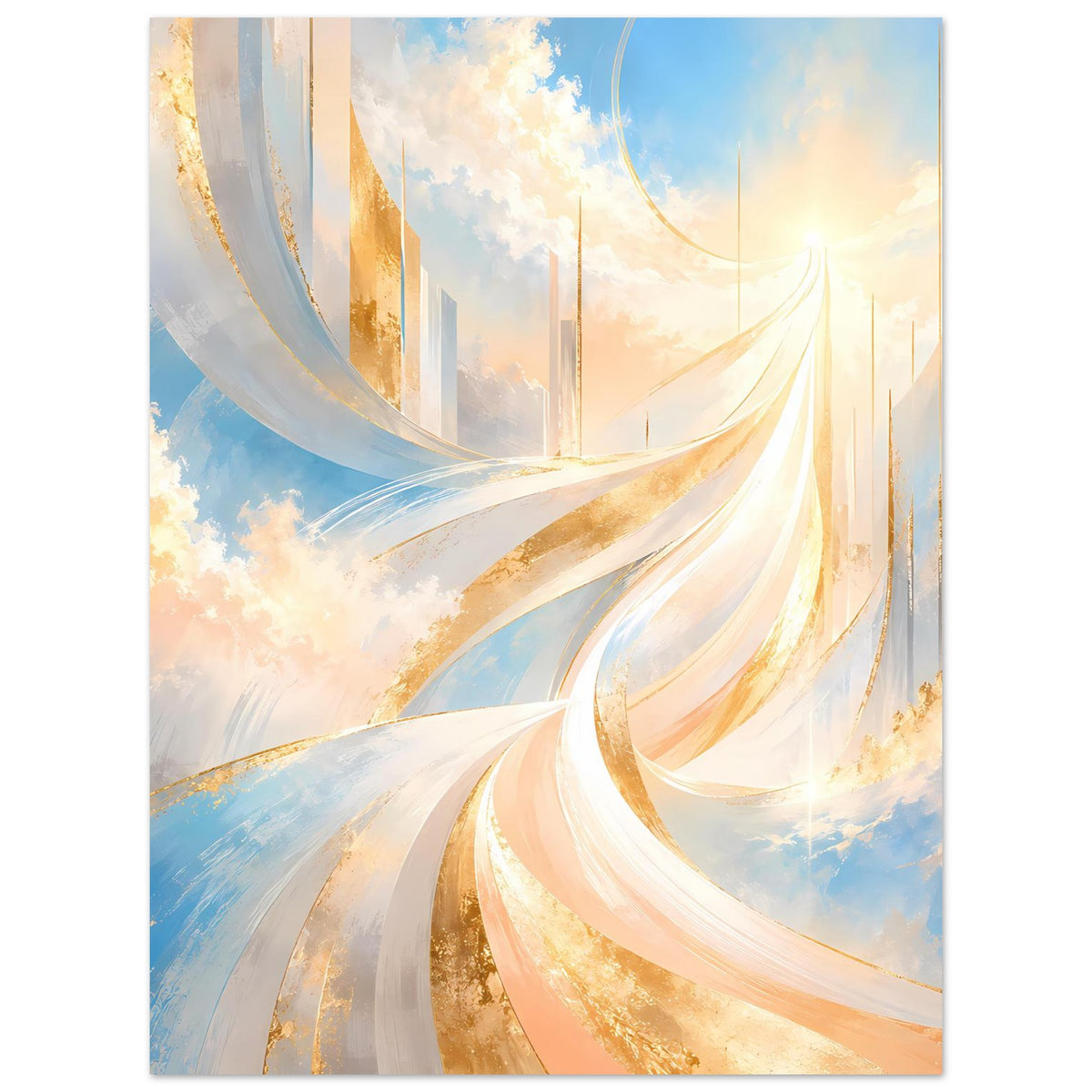Abstraktes Poster mit gold-weißen Bögen, blauem Himmel und zarten Wolken