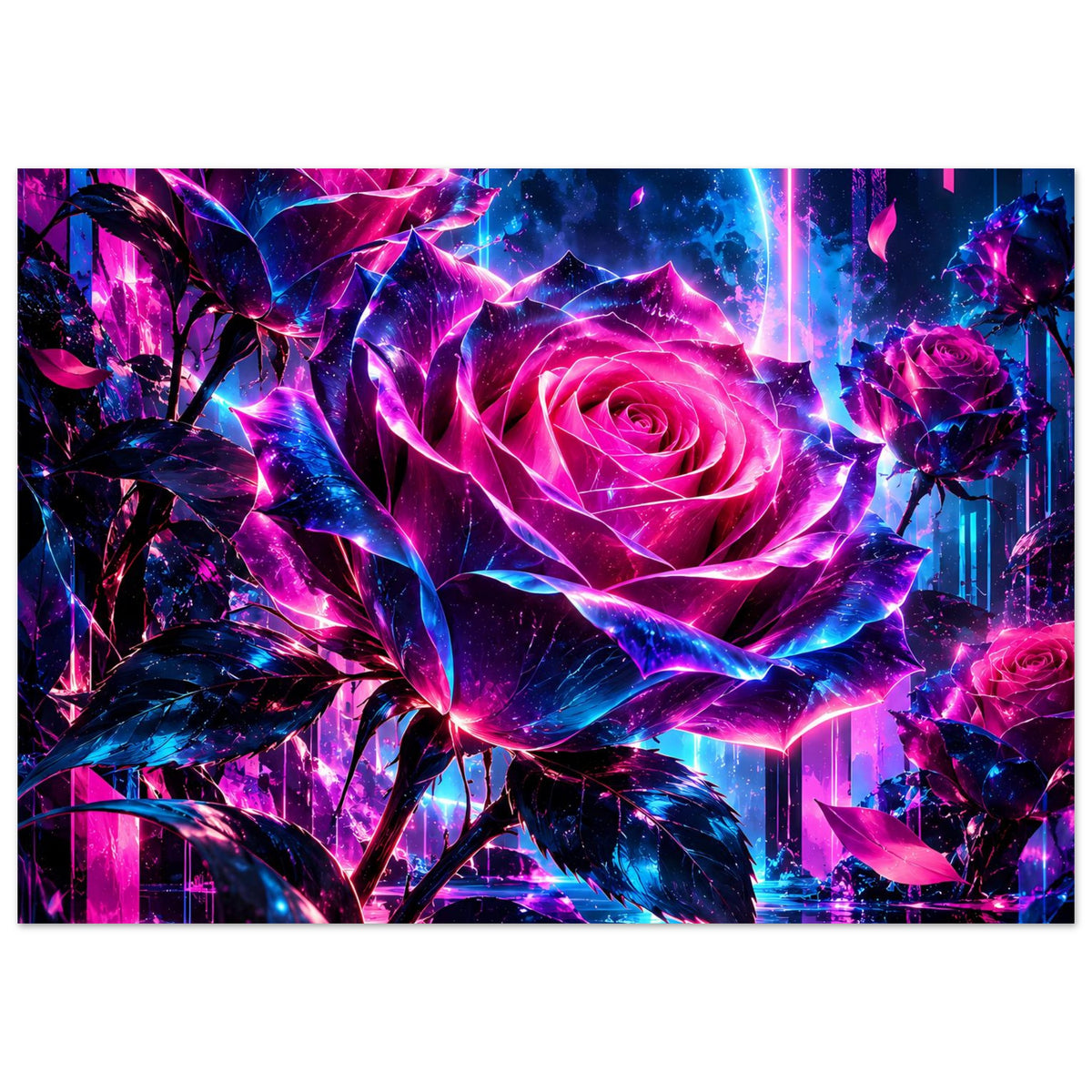 Kunstposter mit Neonrose im Fokus, Pinke Spirale und blaue Lichtkaskaden im Hintergrund