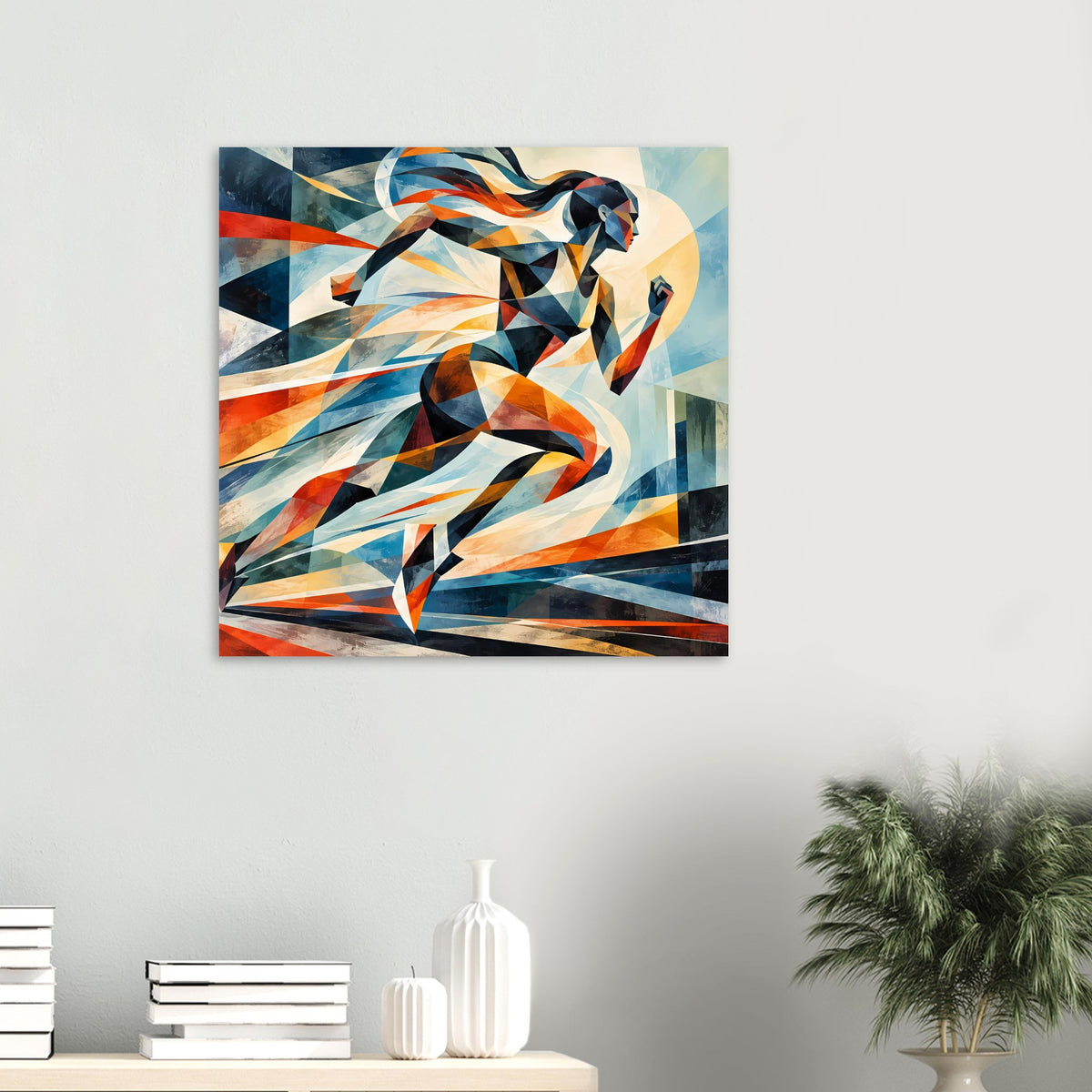 Quadratisches Poster mit abstrakter Läuferin, geometrische Kunst in Blau, Creme und Orange