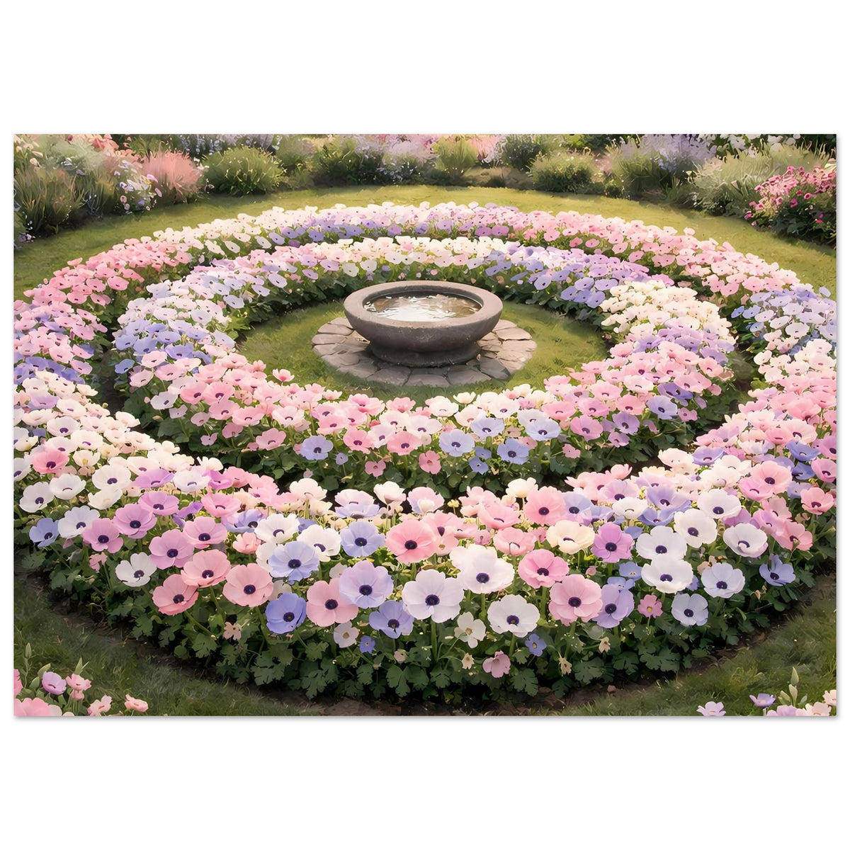 Poster mit pastellfarbenem Blumengarten: runde Blütenbeete um eine Stein-Schale