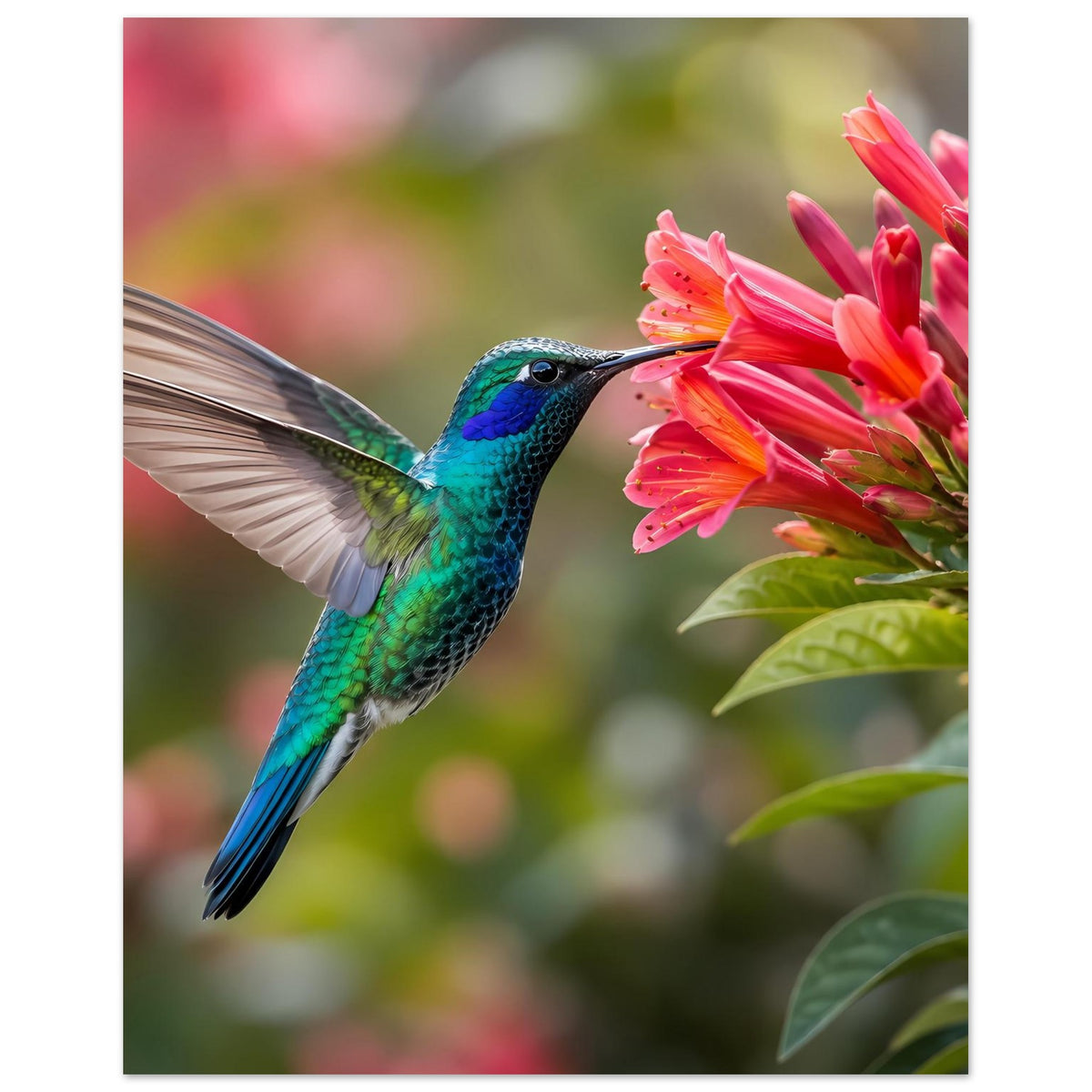 Naturposter: Kolibri türkisblau am rosa Blütenbüschel