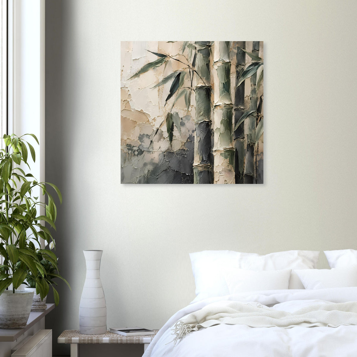 Poster mit abstrakten Bambusstämmen in Grün, Grau und Beige, quadratisch