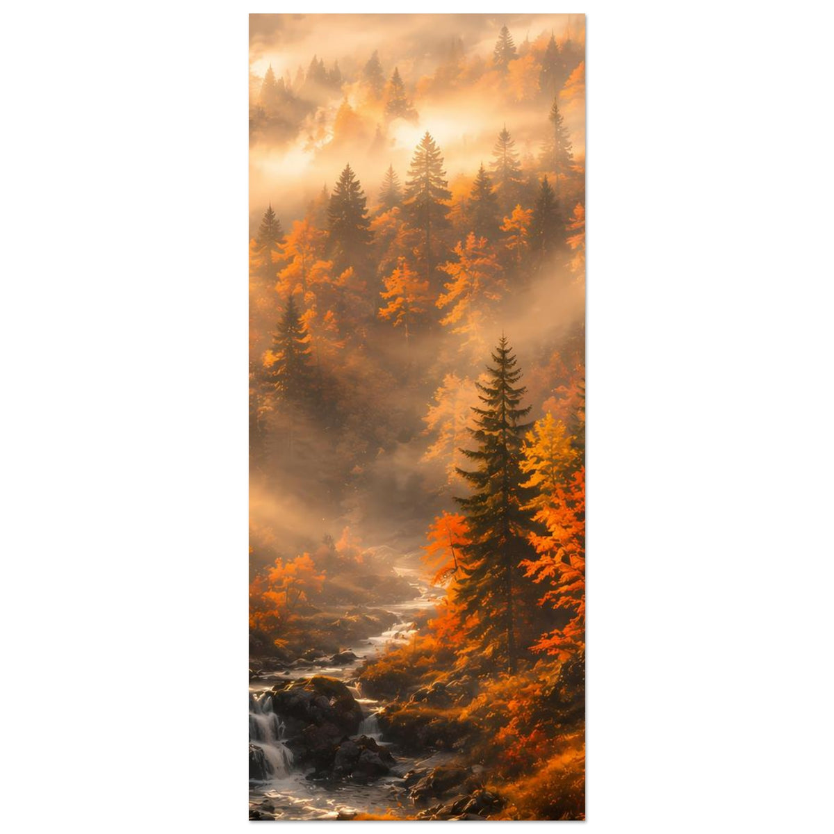 Herbstlandschaft-Poster (hochformat) mit Tannenwald, Nebel und Bachlauf unten
