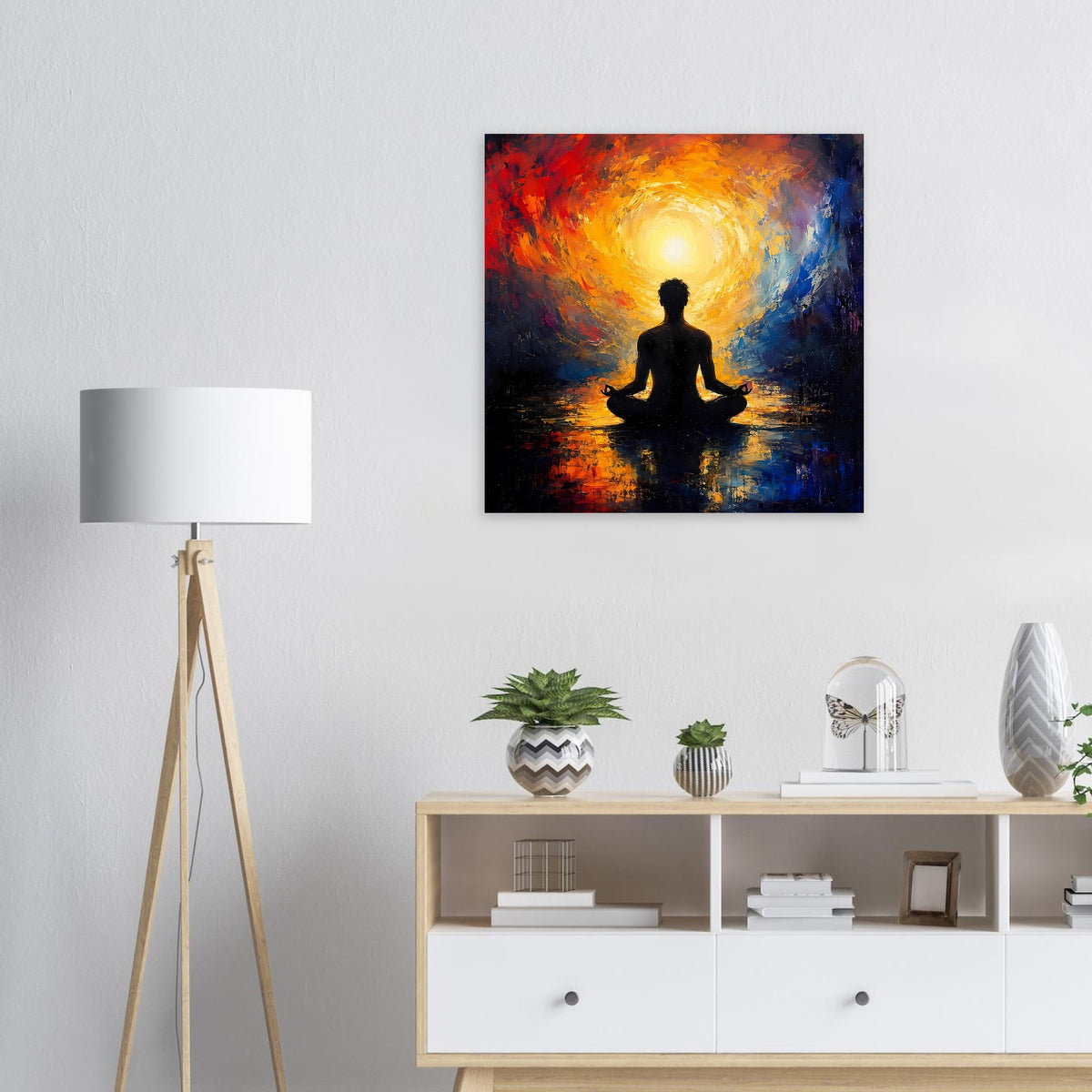 Zen-Poster mit sitzender Silhouette, leuchtender Aura über Wasser und Spiegelung
