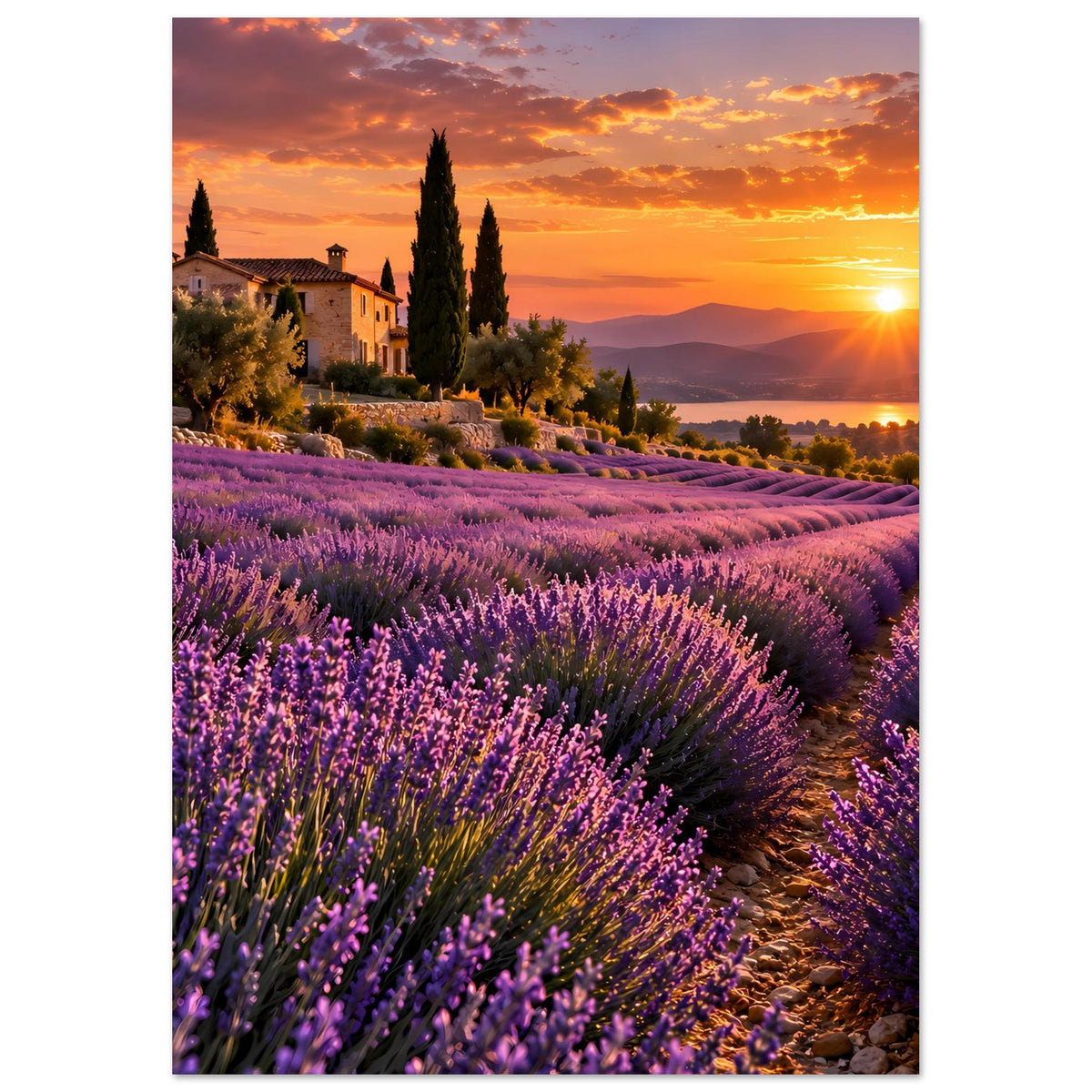 Hochformat-Poster mit Lavendel in Reihen, Haus und Zypressen vor orangefarbenem Himmel