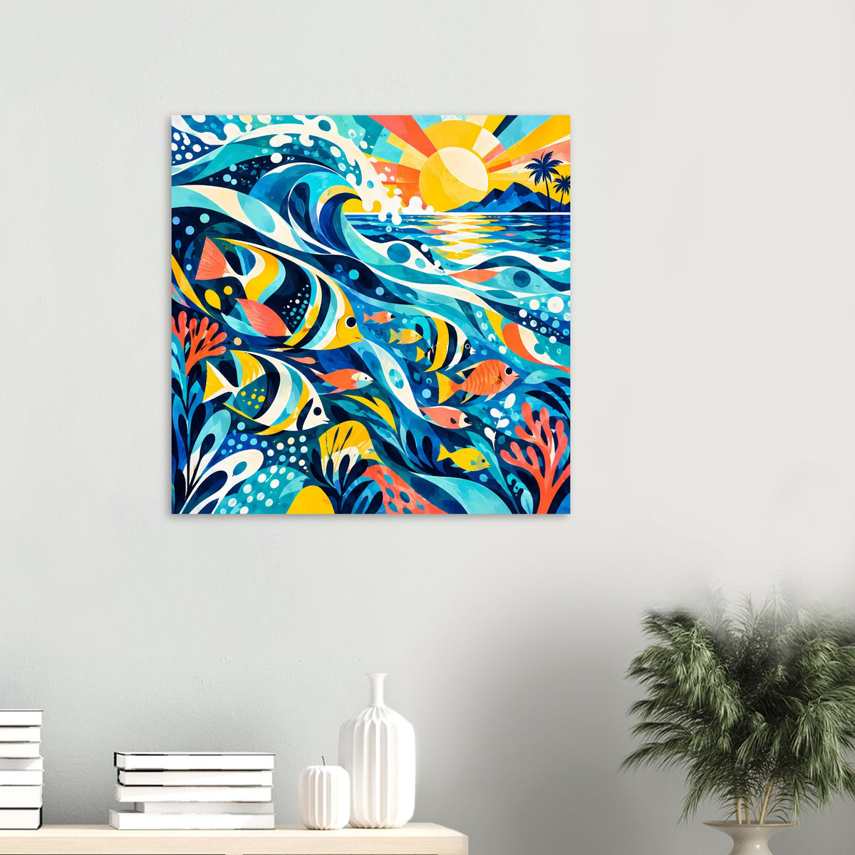 Kleines quadratisches Poster mit bunten Fischen und Wellen im tropischen Ozeanstil
