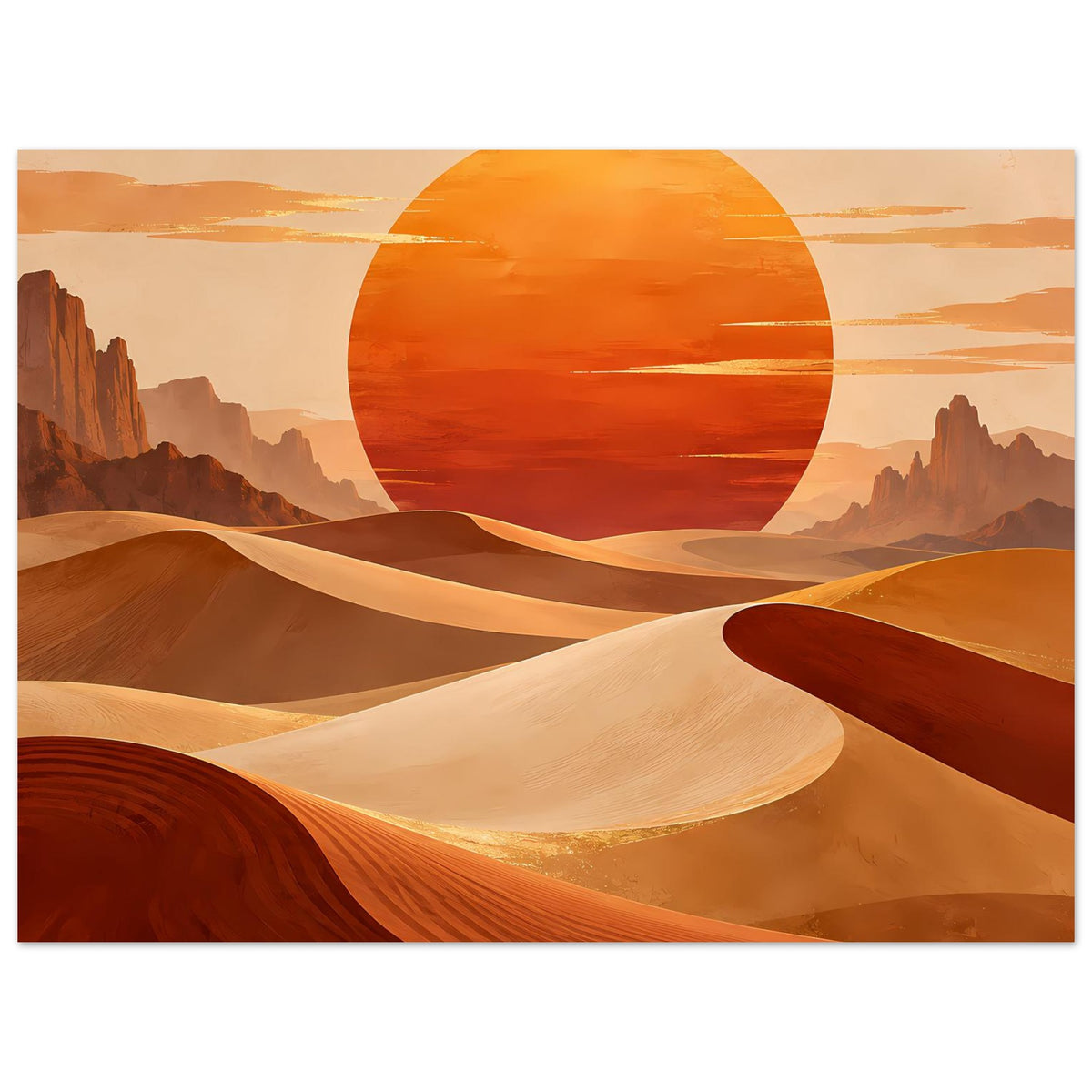 Wüstenlandschaft-Poster im Querformat: orangefarbene Sonne über Sandwellen und Felsen