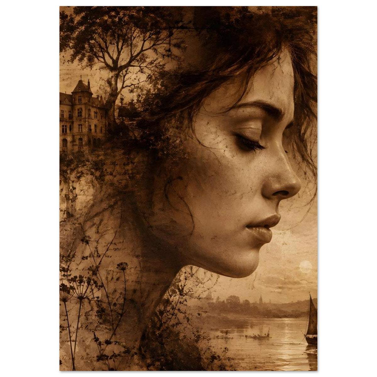 Sepia-Fantasy-Poster: Frauenprofil mit Blumen-Illustrationen links und Fluss unten