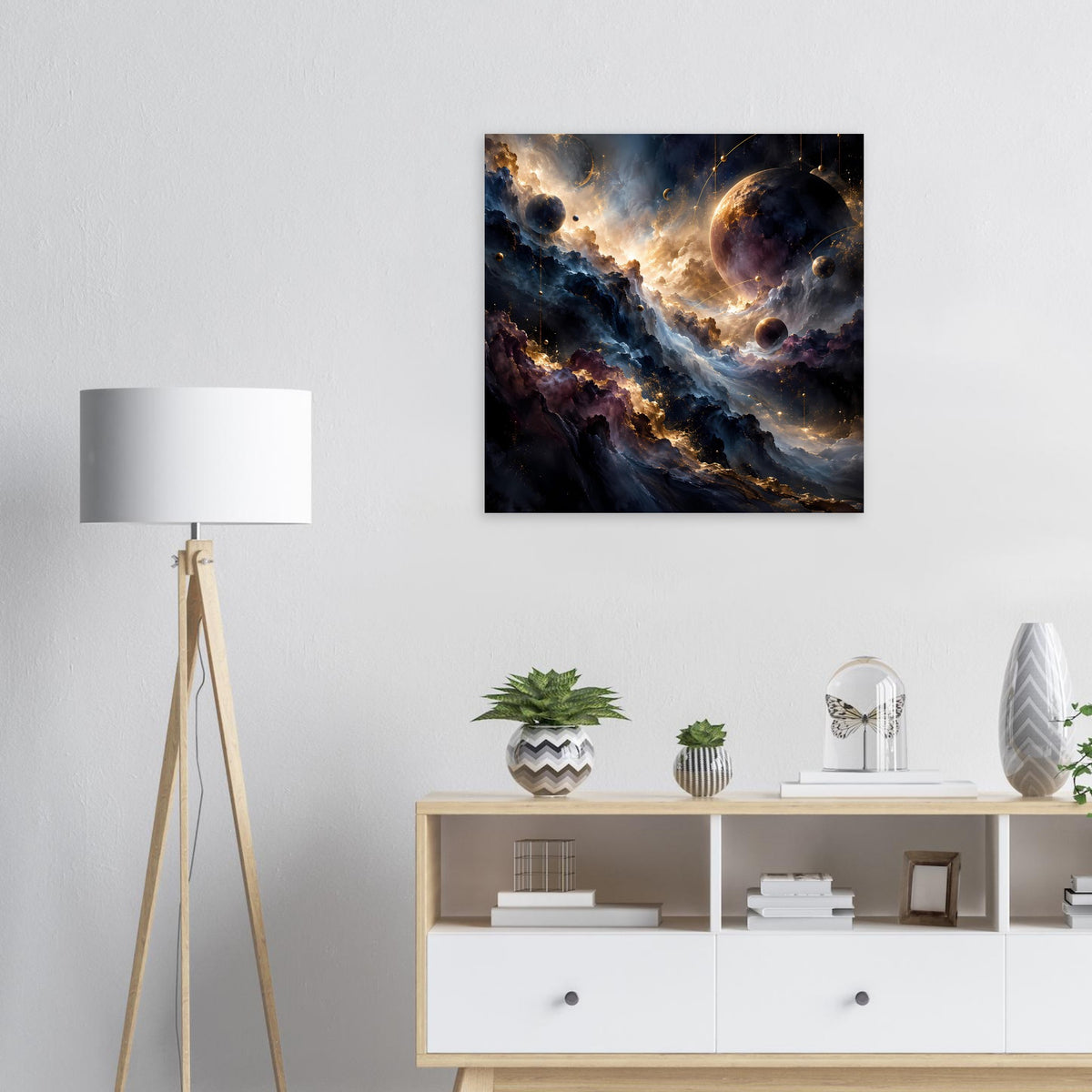 Raumfahrt-Kunstposter mit Spiralnebel und Sternenstaub in dunklem Blau