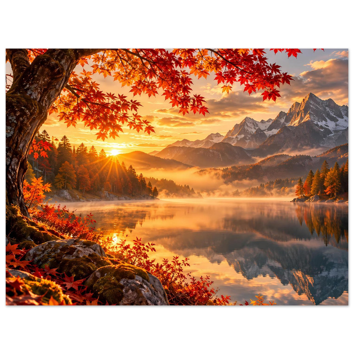 Herbstliches Sonnenaufgangs-Poster querformat mit Berggipfeln, See und roten Blättern am Ufer