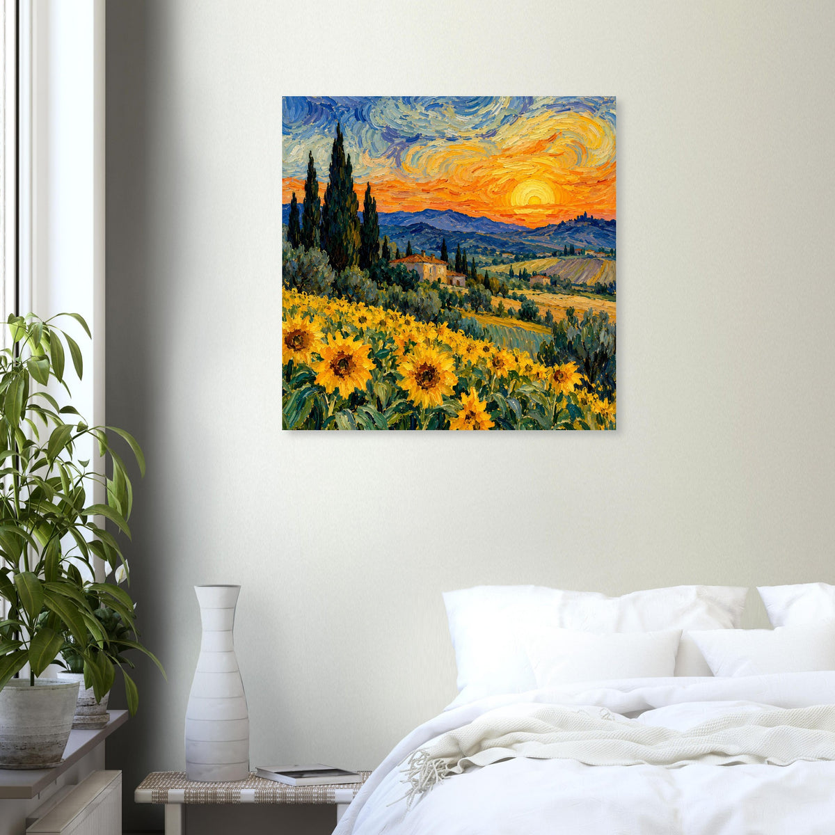 Quadratisches Kunstposter mit Sonnenblumenfeld, Hügeln und orangeblauem Sonnenuntergang