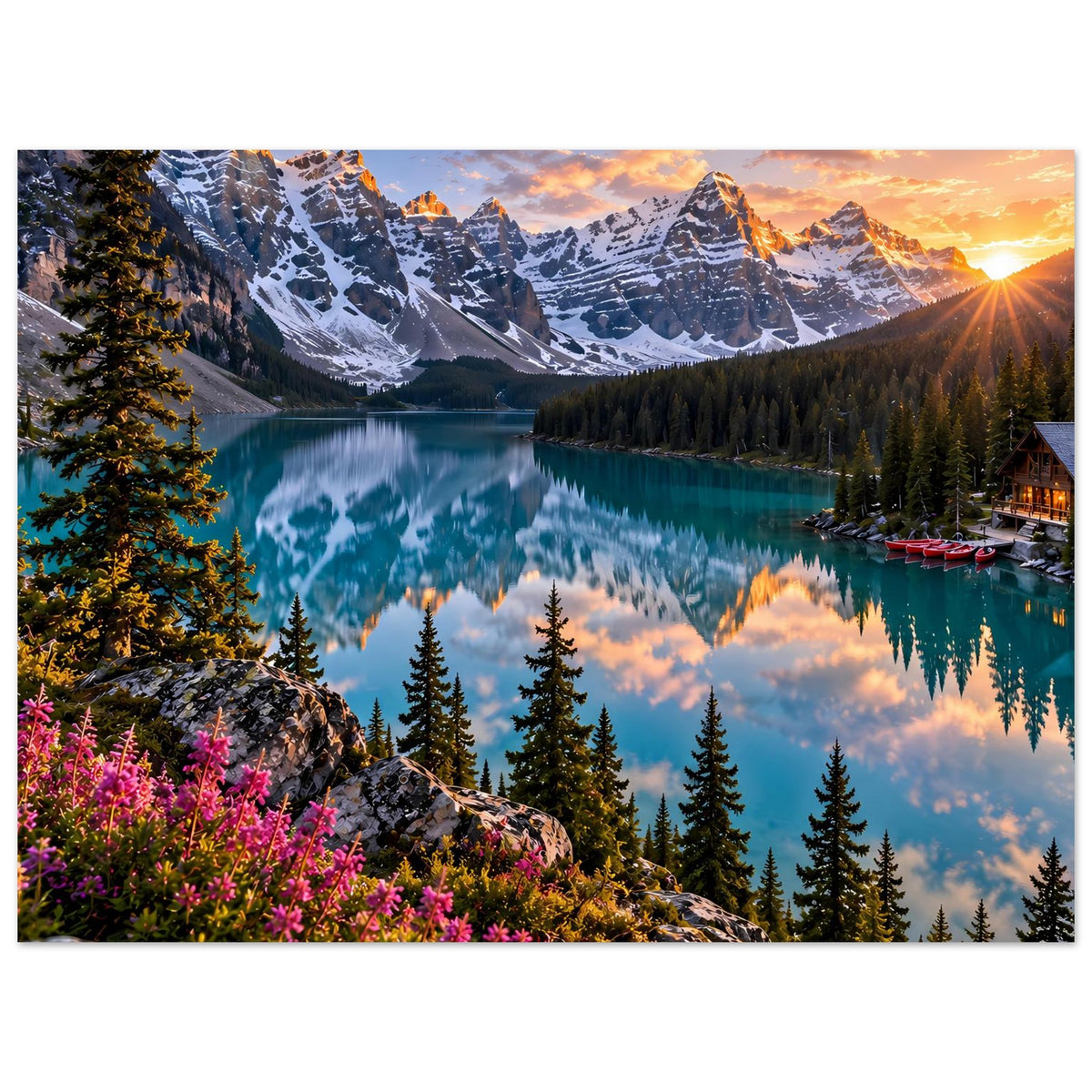 Bergsee-Poster im Querformat: türkisblauer See, Berge, Tannen und rosafarbene Blumen am Rand