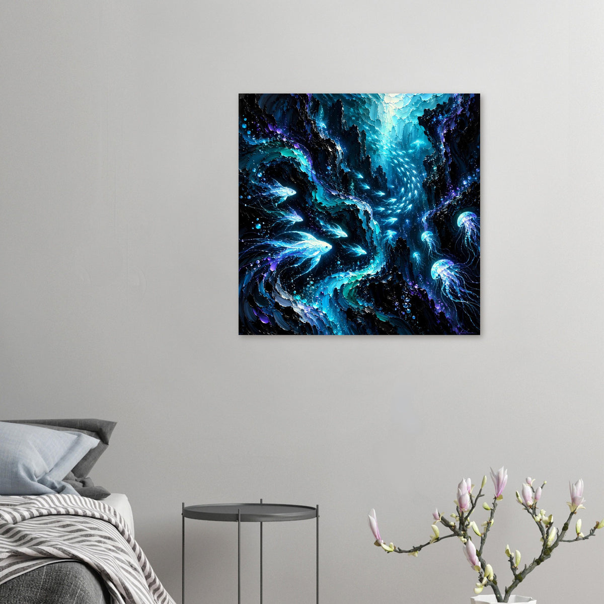 Leuchtendes Unterwasser-Poster im Quadratformat: blaue Fische, Quallen und Blasen im Tiefblau