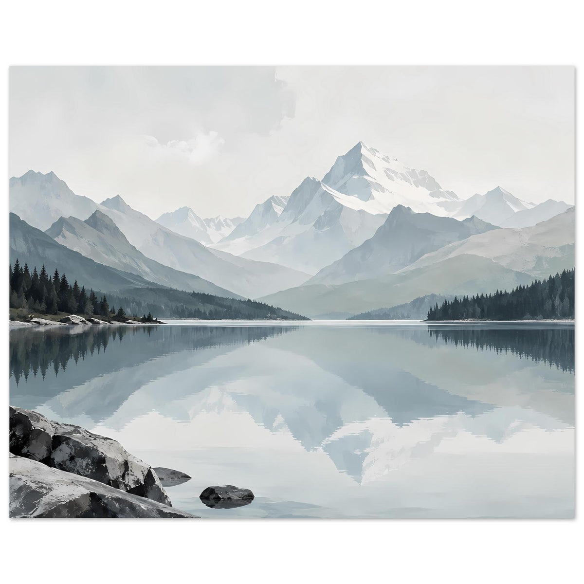 Kunstdruck im Querformat: reflektierende Berge im Bergsee, Felsen im Vordergrund