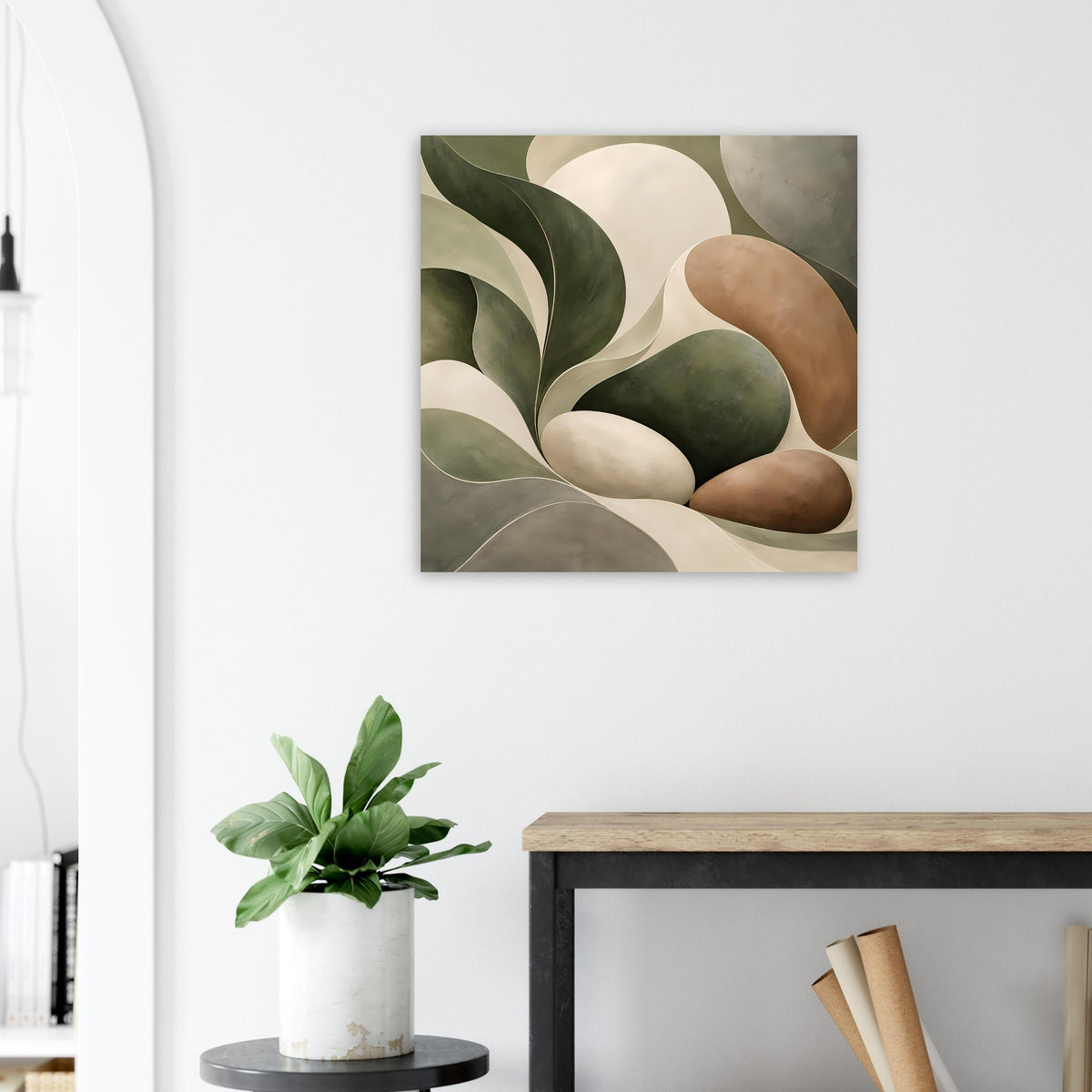 Quadratisches Poster im Rahmen mit abstrakten Blättern in Olivgrün, Creme und Braun