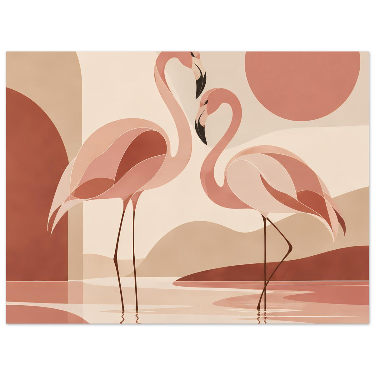 Boho-Naturposter: zwei Flamingos in Rosa, abstrakte Kreise und Spiegelung im Wasser