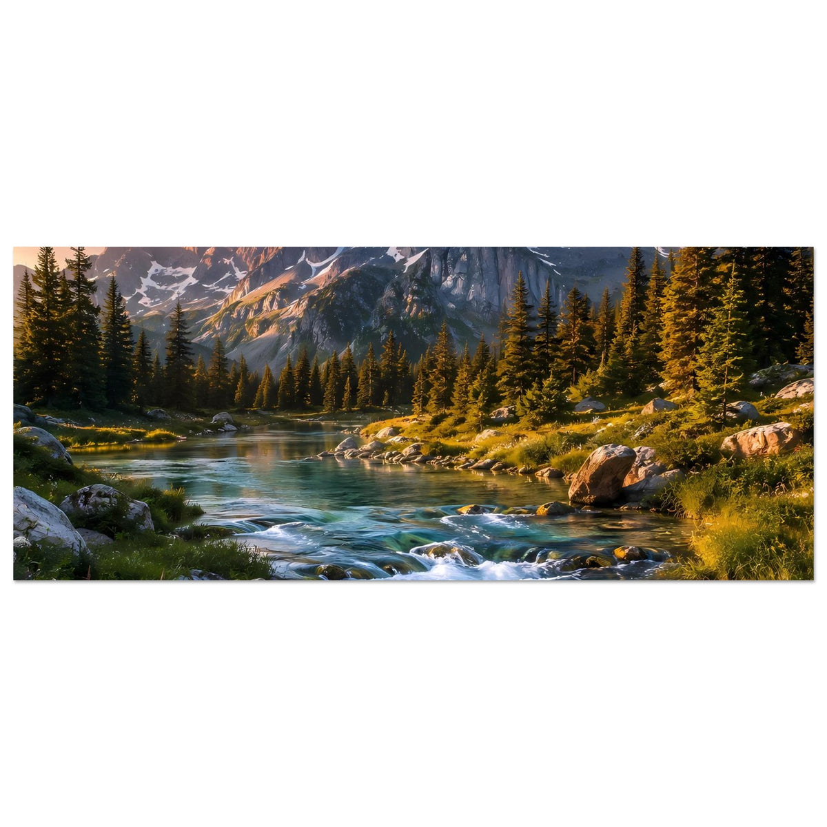 Landschaftsposter, horizontal: Gebirgsfluss mit Stromschnellen, Berge und Tannenwald