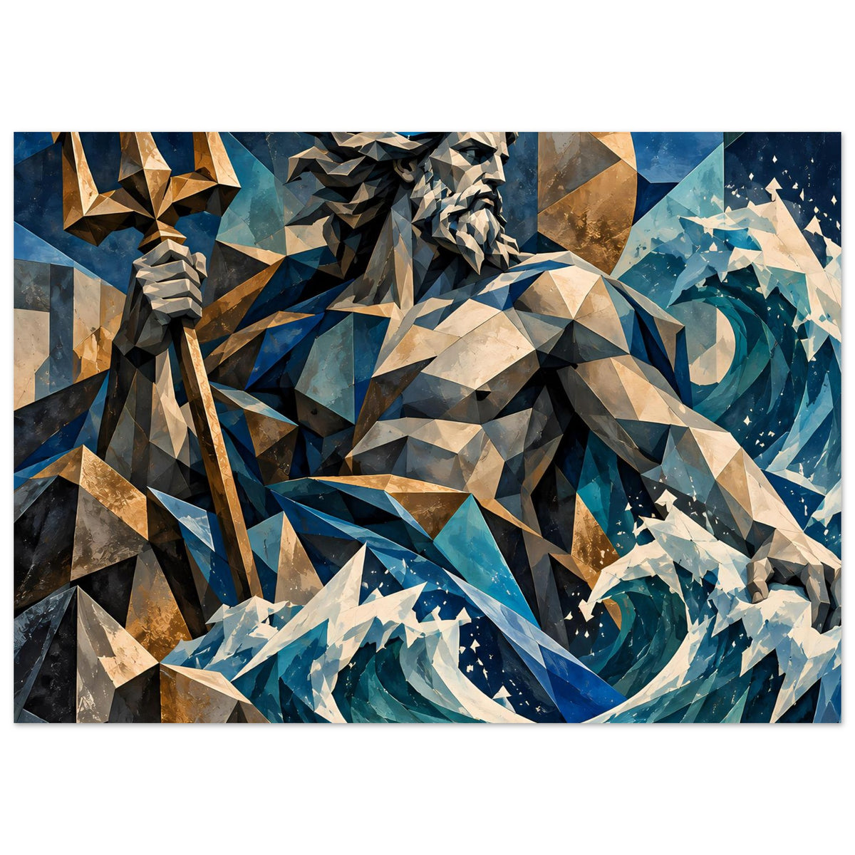 Mythologie-Poster mit polygonalem Poseidon, Ozeanblau und Cremeweiß, goldene Akzente