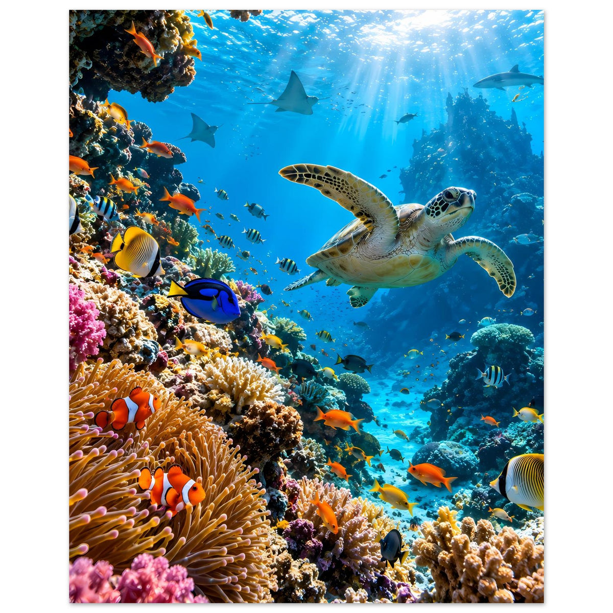 Rechteckiges Poster Unterwasser mit Korallenriff, Schildkröte, Haien und farbigen Fischen.